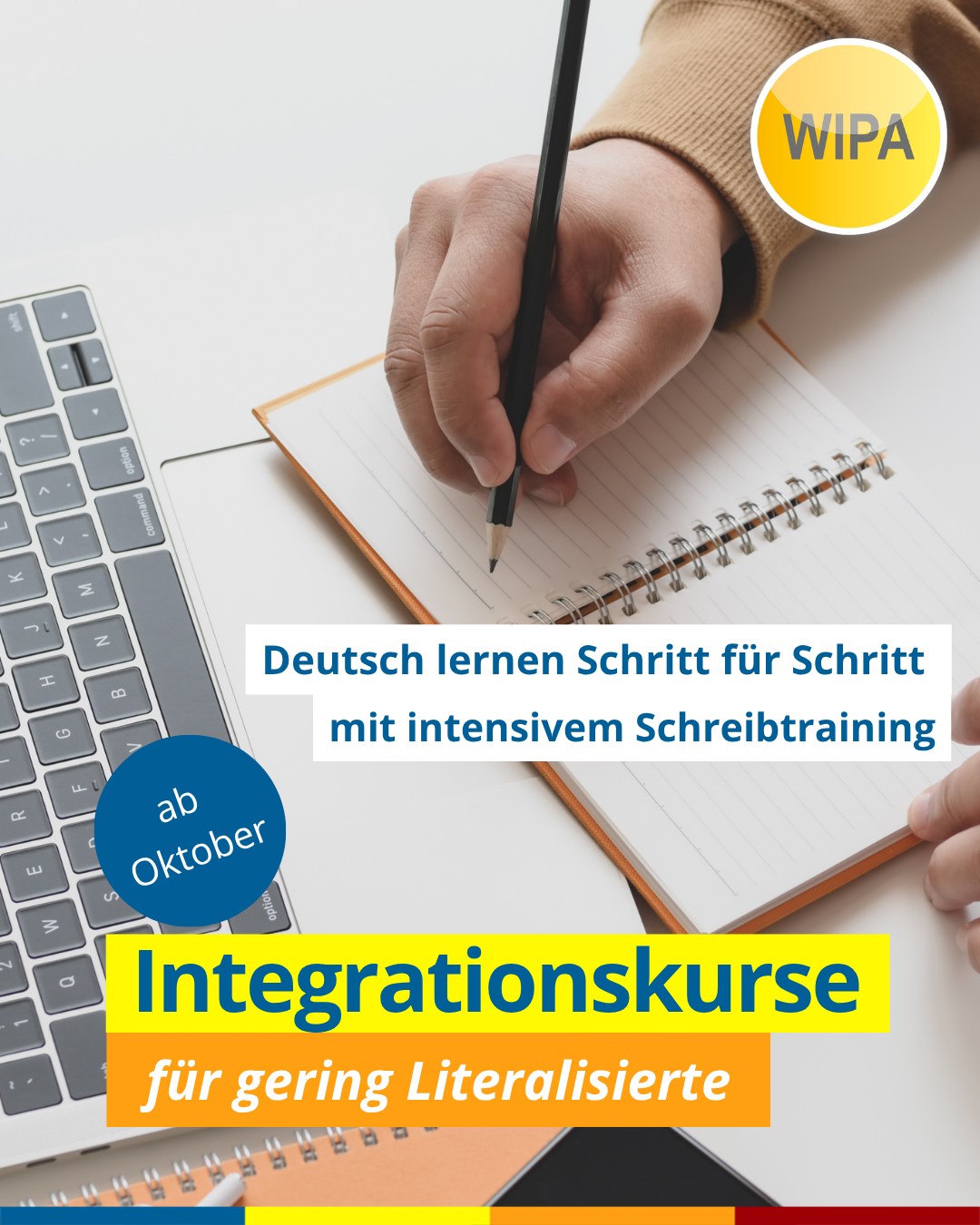 📢 Neuer Integrationskurs für gering Literalisierte ab 06.10.2025
✍️ Intensiver Deutschkurs mit Schreibtraining in Berlin
📆 Montag–Freitag, 12:00–15:15 Uhr
📍 WIPA GmbH, Möllendorffstraße 48, 10367 Berlin
👉 Für Erwachsene, die lesen und schreiben können, aber noch unsicher sind
👉 Langsames und systematisches Deutschlernen mit Fokus auf Alltag, Schrift & digitale Kompetenzen
👉 Ideal für Personen mit geringer Literalität, die in Deutschland leben und ihre Deutschkenntnisse verbessern möchten
🎯 Ziel: Deutsch Schritt für Schritt bis A2–B1 Niveau, inkl. Vorbereitung auf den DTZ-Test
📩 Jetzt anmelden und Platz sichern!
📍 WIPA GmbH, Möllendorffstr. 48, 10367 Berlin
📞 030 557414-0 | 📞 030 557414-42
✉️ integration@wipa-berlin.de
#Integrationskurs #IntegrationskursBerlin #DeutschlernenBerlin #Deutschlernen #GeringLiteralisierte #Schreibtraining #DeutschfürErwachsene #SprachkursBerlin #BAMF #DTZTest #IntegrationinDeutschland #DeutschalsZweitsprache #WIPABerlin #DeutschlerneninBerlin #integrationcourse #integrationcoursegerman #integrationcourseberlin
