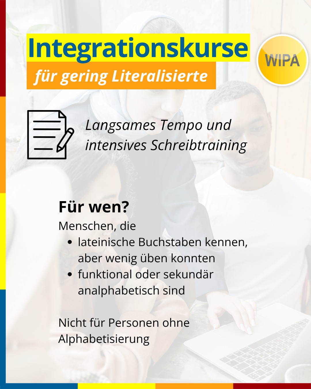 📢 Neuer Integrationskurs für gering Literalisierte ab 06.10.2025
✍️ Intensiver Deutschkurs mit Schreibtraining in Berlin
📆 Montag–Freitag, 12:00–15:15 Uhr
📍 WIPA GmbH, Möllendorffstraße 48, 10367 Berlin
👉 Für Erwachsene, die lesen und schreiben können, aber noch unsicher sind
👉 Langsames und systematisches Deutschlernen mit Fokus auf Alltag, Schrift & digitale Kompetenzen
👉 Ideal für Personen mit geringer Literalität, die in Deutschland leben und ihre Deutschkenntnisse verbessern möchten
🎯 Ziel: Deutsch Schritt für Schritt bis A2–B1 Niveau, inkl. Vorbereitung auf den DTZ-Test
📩 Jetzt anmelden und Platz sichern!
📍 WIPA GmbH, Möllendorffstr. 48, 10367 Berlin
📞 030 557414-0 | 📞 030 557414-42
✉️ integration@wipa-berlin.de
#Integrationskurs #IntegrationskursBerlin #DeutschlernenBerlin #Deutschlernen #GeringLiteralisierte #Schreibtraining #DeutschfürErwachsene #SprachkursBerlin #BAMF #DTZTest #IntegrationinDeutschland #DeutschalsZweitsprache #WIPABerlin #DeutschlerneninBerlin #integrationcourse #integrationcoursegerman #integrationcourseberlin