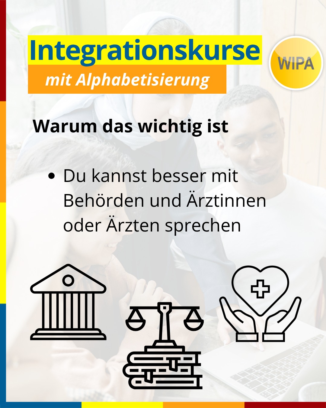🇩🇪 Alphabetisierung & Integrationskurs in Berlin – Deutsch lesen, schreiben & sprechen lernen
Du möchtest Deutsch lesen und schreiben lernen?
Unsere Alphabetisierungskurse in Berlin bieten dir den perfekten Start: Schritt für Schritt lernst du das Alphabet, lesen, schreiben und sicher Deutsch sprechen – für Alltag, Beruf und Gesellschaft.
📚 Kursinhalte:
• Alphabet lernen & Buchstaben sicher schreiben ✍️
• Lesen & Schreiben für den Alltag (Formulare, Schilder, Nachrichten)
• Deutsch sprechen & verstehen 🗣️
• Lernstrategien: „Lernen lernen“
• Orientierungskurs (100 UE): Politik, Gesellschaft & Geschichte 🇩🇪
• Insgesamt 900 UE (≈ 12 Monate) + optional 300 UE Wiederholung
• Abschluss: Deutsch-Test für Zuwanderer (telc DTZ A2/B1) + Test „Leben in Deutschland“ ✅
🕓 Kurszeiten:
👉 montags bis freitags, 4 Unterrichtseinheiten pro Tag
📍 Standorte in Berlin:
Lichtenberg – WIPA GmbH, Möllendorffstraße 48 (4. OG, Raum 401)
☎️ 030 557414 0 | ✉️ integration@wipa-berlin.de
Moabit – WIPA GmbH, Stromstraße 47 (EG, Raum 003)
☎️ 030 557414 42 | ✉️ integration@wipa-berlin.de
📝 Zur Anmeldung bitte mitbringen:
Pass oder Personalausweis
Meldebescheinigung
(Wenn vorhanden: Aufenthaltstitel, Jobcenter-/Sozialamt-Bescheid, Zulassung/Verpflichtung, DTZ-Zertifikat)
👉 Jetzt informieren, Termin vereinbaren und starten!
📩 Schreib uns eine E-Mail oder ruf direkt an.
#IntegrationskursBerlin #Alphabetisierungskurs #DeutschLernen #DeutschLesenUndSchreiben #DTZ #BAMFKurs #WIPABerlin #Lichtenberg #Moabit #IntegrationInDeutschland #DeutschFürErwachsene #AlphabetisierungDeutsch #IntegrationKurs #telcDTZ #LebenInDeutschland #DeutschKursBerlin