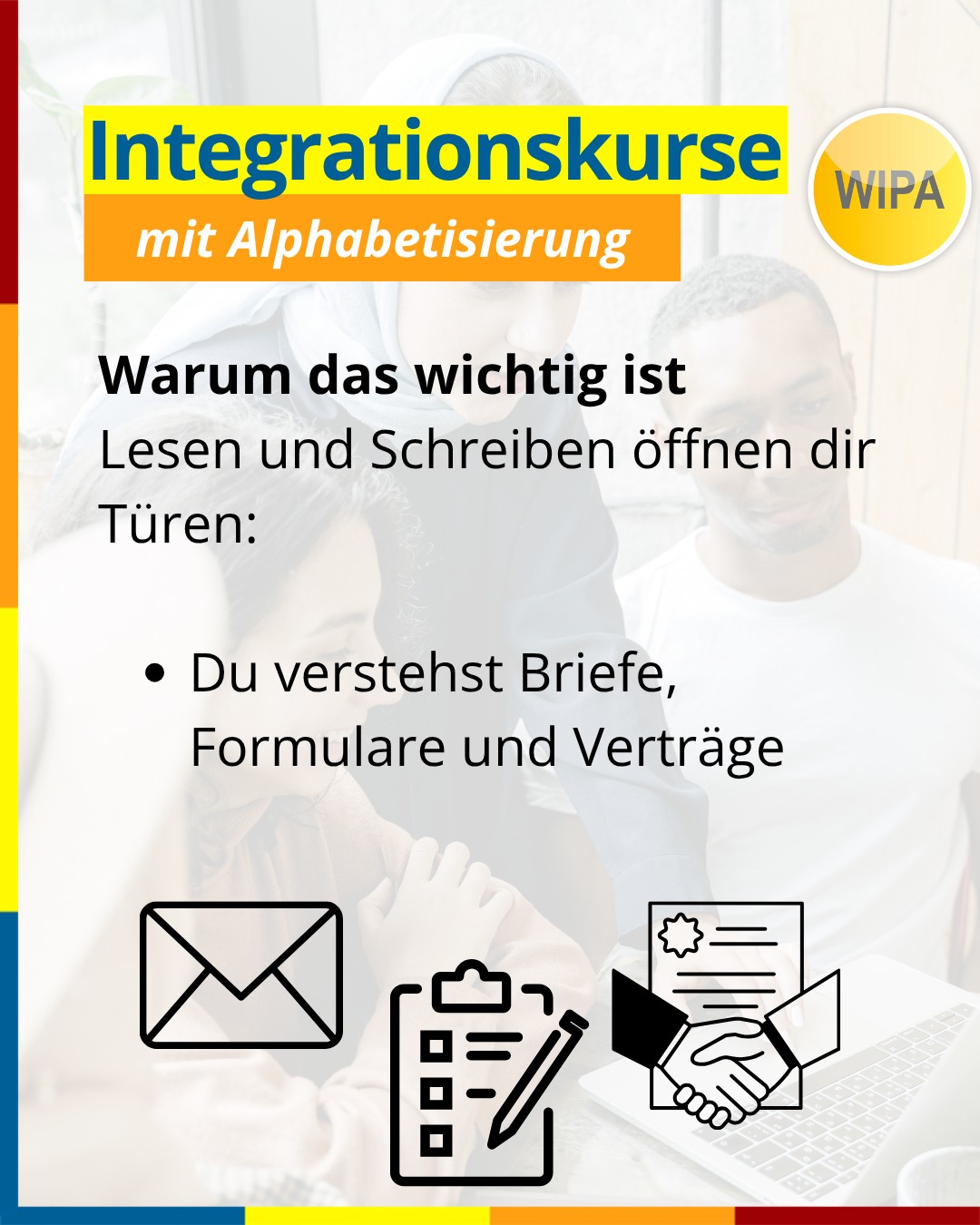 🇩🇪 Alphabetisierung & Integrationskurs in Berlin – Deutsch lesen, schreiben & sprechen lernen
Du möchtest Deutsch lesen und schreiben lernen?
Unsere Alphabetisierungskurse in Berlin bieten dir den perfekten Start: Schritt für Schritt lernst du das Alphabet, lesen, schreiben und sicher Deutsch sprechen – für Alltag, Beruf und Gesellschaft.
📚 Kursinhalte:
• Alphabet lernen & Buchstaben sicher schreiben ✍️
• Lesen & Schreiben für den Alltag (Formulare, Schilder, Nachrichten)
• Deutsch sprechen & verstehen 🗣️
• Lernstrategien: „Lernen lernen“
• Orientierungskurs (100 UE): Politik, Gesellschaft & Geschichte 🇩🇪
• Insgesamt 900 UE (≈ 12 Monate) + optional 300 UE Wiederholung
• Abschluss: Deutsch-Test für Zuwanderer (telc DTZ A2/B1) + Test „Leben in Deutschland“ ✅
🕓 Kurszeiten:
👉 montags bis freitags, 4 Unterrichtseinheiten pro Tag
📍 Standorte in Berlin:
Lichtenberg – WIPA GmbH, Möllendorffstraße 48 (4. OG, Raum 401)
☎️ 030 557414 0 | ✉️ integration@wipa-berlin.de
Moabit – WIPA GmbH, Stromstraße 47 (EG, Raum 003)
☎️ 030 557414 42 | ✉️ integration@wipa-berlin.de
📝 Zur Anmeldung bitte mitbringen:
Pass oder Personalausweis
Meldebescheinigung
(Wenn vorhanden: Aufenthaltstitel, Jobcenter-/Sozialamt-Bescheid, Zulassung/Verpflichtung, DTZ-Zertifikat)
👉 Jetzt informieren, Termin vereinbaren und starten!
📩 Schreib uns eine E-Mail oder ruf direkt an.
#IntegrationskursBerlin #Alphabetisierungskurs #DeutschLernen #DeutschLesenUndSchreiben #DTZ #BAMFKurs #WIPABerlin #Lichtenberg #Moabit #IntegrationInDeutschland #DeutschFürErwachsene #AlphabetisierungDeutsch #IntegrationKurs #telcDTZ #LebenInDeutschland #DeutschKursBerlin