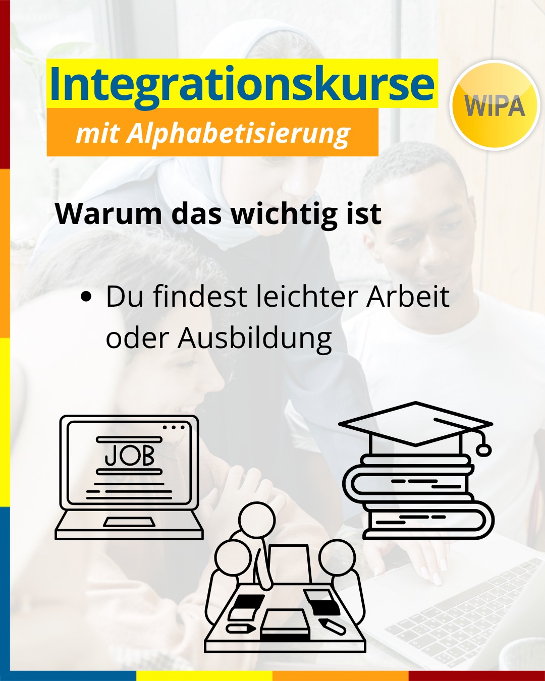 🇩🇪 Alphabetisierung & Integrationskurs in Berlin – Deutsch lesen, schreiben & sprechen lernen
Du möchtest Deutsch lesen und schreiben lernen?
Unsere Alphabetisierungskurse in Berlin bieten dir den perfekten Start: Schritt für Schritt lernst du das Alphabet, lesen, schreiben und sicher Deutsch sprechen – für Alltag, Beruf und Gesellschaft.
📚 Kursinhalte:
• Alphabet lernen & Buchstaben sicher schreiben ✍️
• Lesen & Schreiben für den Alltag (Formulare, Schilder, Nachrichten)
• Deutsch sprechen & verstehen 🗣️
• Lernstrategien: „Lernen lernen“
• Orientierungskurs (100 UE): Politik, Gesellschaft & Geschichte 🇩🇪
• Insgesamt 900 UE (≈ 12 Monate) + optional 300 UE Wiederholung
• Abschluss: Deutsch-Test für Zuwanderer (telc DTZ A2/B1) + Test „Leben in Deutschland“ ✅
🕓 Kurszeiten:
👉 montags bis freitags, 4 Unterrichtseinheiten pro Tag
📍 Standorte in Berlin:
Lichtenberg – WIPA GmbH, Möllendorffstraße 48 (4. OG, Raum 401)
☎️ 030 557414 0 | ✉️ integration@wipa-berlin.de
Moabit – WIPA GmbH, Stromstraße 47 (EG, Raum 003)
☎️ 030 557414 42 | ✉️ integration@wipa-berlin.de
📝 Zur Anmeldung bitte mitbringen:
Pass oder Personalausweis
Meldebescheinigung
(Wenn vorhanden: Aufenthaltstitel, Jobcenter-/Sozialamt-Bescheid, Zulassung/Verpflichtung, DTZ-Zertifikat)
👉 Jetzt informieren, Termin vereinbaren und starten!
📩 Schreib uns eine E-Mail oder ruf direkt an.
#IntegrationskursBerlin #Alphabetisierungskurs #DeutschLernen #DeutschLesenUndSchreiben #DTZ #BAMFKurs #WIPABerlin #Lichtenberg #Moabit #IntegrationInDeutschland #DeutschFürErwachsene #AlphabetisierungDeutsch #IntegrationKurs #telcDTZ #LebenInDeutschland #DeutschKursBerlin