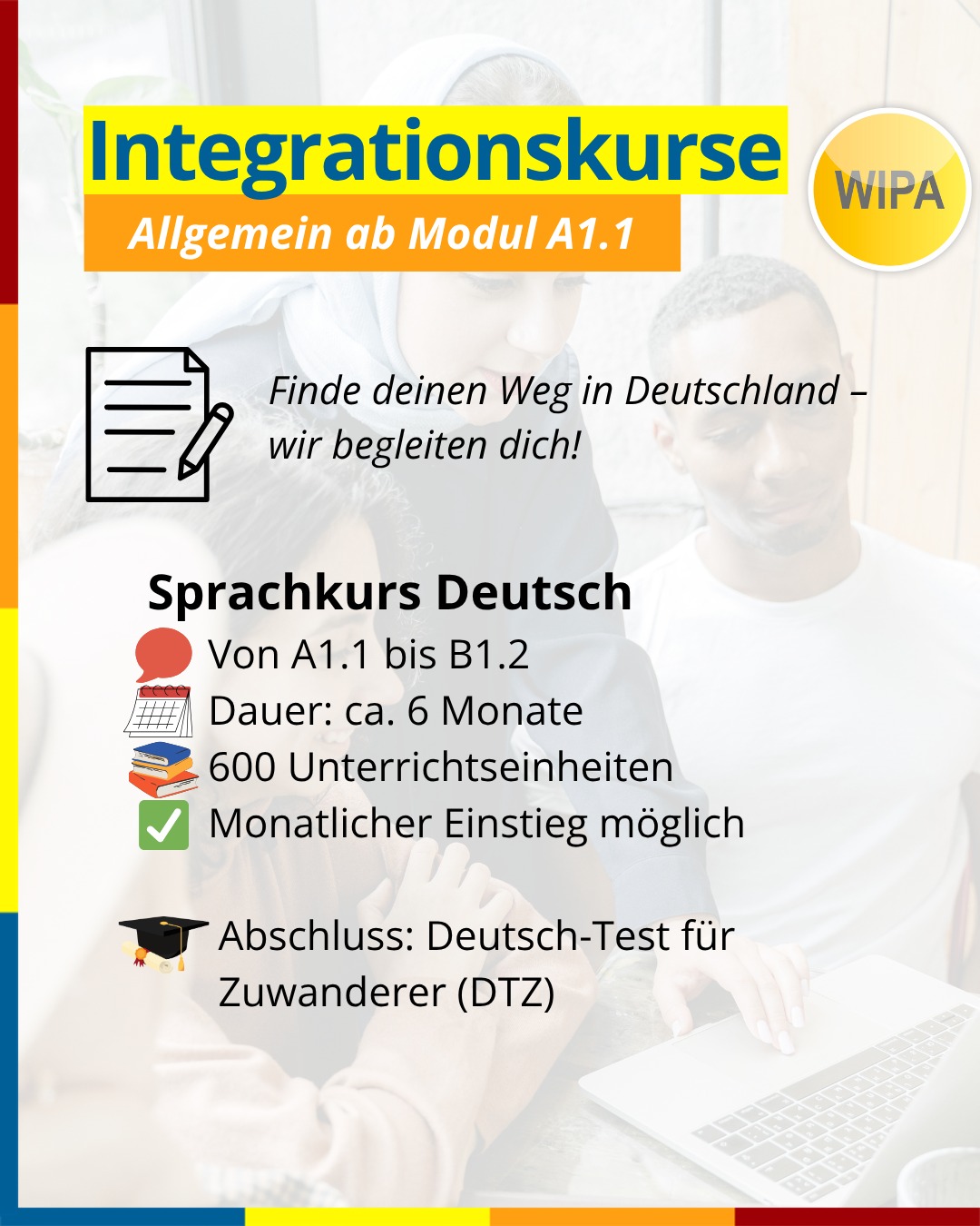 🇩🇪 In Deutschland ankommen – mit Sprache & Herz! 💬✨
Du möchtest in Deutschland leben, arbeiten und dich wirklich zuhause fühlen?
Dann ist unser Integrationskurs in Berlin genau das Richtige für dich!
💡 Was dich erwartet:
📘 Deutsch lernen von A1 bis B1 – Lesen, Schreiben, Sprechen & Verstehen
🌍 Spannende Einblicke in Kultur, Geschichte & Rechtsordnung in Deutschland
🎯 Zielgerichtete Vorbereitung auf den Deutsch-Test für Zuwanderer (DTZ) und den Test „Leben in Deutschland“ (TLiD)
🕓 600 Unterrichtseinheiten in nur 6 Monaten
📅 Monatlicher Einstieg möglich – ganz nach deinem Niveau
Starte jetzt deinen Weg – lerne Deutsch, finde Anschluss, baue dir dein neues Leben auf. 💪
Wir begleiten dich dabei!
📍 Integrationskurse & Deutschkurse in Berlin – persönlich & professionell.
📚Nächster Kursstart: 
📆 ab 03.11.25
⏰09:00 - 12:15
montags bis freitags
📍Stromstr. 47
10551 Berlin
📧integration@wipa-berlin.de
#Integrationskurs #Deutschlernen #DeutschkurseBerlin #IntegrationskurseBerlin #A1bisB1 #DTZ #LebeninDeutschland #DeutschfürZuwanderer #InDeutschlandLeben #DeutschlerneninBerlin #WIPABerlin #DeutschfürdenAlltag