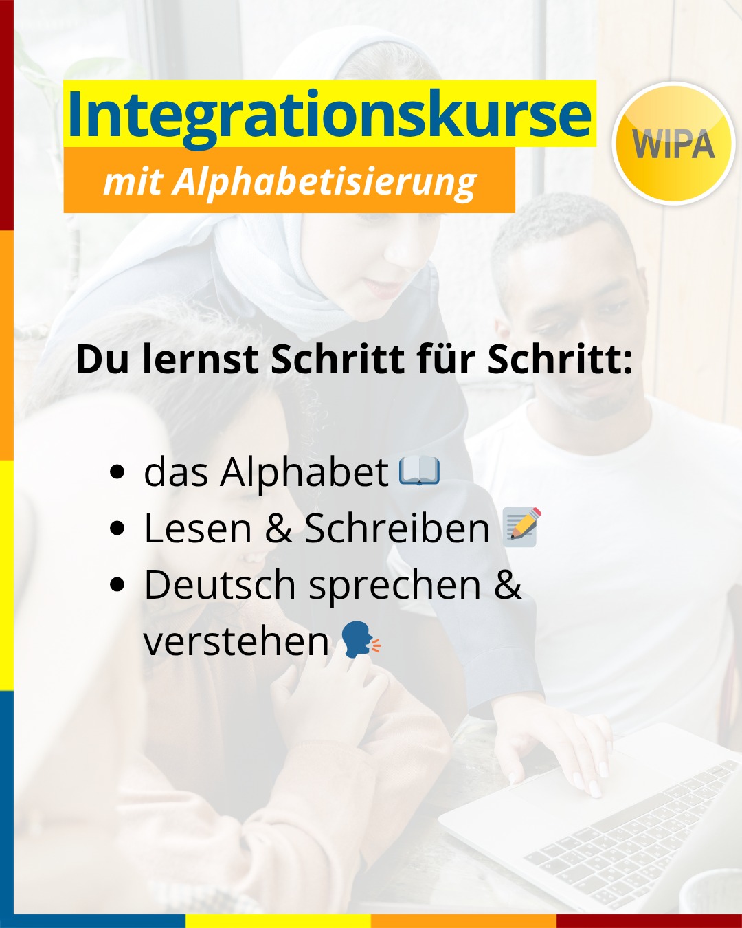 🇩🇪 Alphabetisierung & Integrationskurs in Berlin – Deutsch lesen, schreiben & sprechen lernen
Du möchtest Deutsch lesen und schreiben lernen?
Unsere Alphabetisierungskurse in Berlin bieten dir den perfekten Start: Schritt für Schritt lernst du das Alphabet, lesen, schreiben und sicher Deutsch sprechen – für Alltag, Beruf und Gesellschaft.
📚 Kursinhalte:
• Alphabet lernen & Buchstaben sicher schreiben ✍️
• Lesen & Schreiben für den Alltag (Formulare, Schilder, Nachrichten)
• Deutsch sprechen & verstehen 🗣️
• Lernstrategien: „Lernen lernen“
• Orientierungskurs (100 UE): Politik, Gesellschaft & Geschichte 🇩🇪
• Insgesamt 900 UE (≈ 12 Monate) + optional 300 UE Wiederholung
• Abschluss: Deutsch-Test für Zuwanderer (telc DTZ A2/B1) + Test „Leben in Deutschland“ ✅
🕓 Kurszeiten:
👉 montags bis freitags, 4 Unterrichtseinheiten pro Tag
📍 Standorte in Berlin:
Lichtenberg – WIPA GmbH, Möllendorffstraße 48 (4. OG, Raum 401)
☎️ 030 557414 0 | ✉️ integration@wipa-berlin.de
Moabit – WIPA GmbH, Stromstraße 47 (EG, Raum 003)
☎️ 030 557414 42 | ✉️ integration@wipa-berlin.de
📝 Zur Anmeldung bitte mitbringen:
Pass oder Personalausweis
Meldebescheinigung
(Wenn vorhanden: Aufenthaltstitel, Jobcenter-/Sozialamt-Bescheid, Zulassung/Verpflichtung, DTZ-Zertifikat)
👉 Jetzt informieren, Termin vereinbaren und starten!
📩 Schreib uns eine E-Mail oder ruf direkt an.
#IntegrationskursBerlin #Alphabetisierungskurs #DeutschLernen #DeutschLesenUndSchreiben #DTZ #BAMFKurs #WIPABerlin #Lichtenberg #Moabit #IntegrationInDeutschland #DeutschFürErwachsene #AlphabetisierungDeutsch #IntegrationKurs #telcDTZ #LebenInDeutschland #DeutschKursBerlin