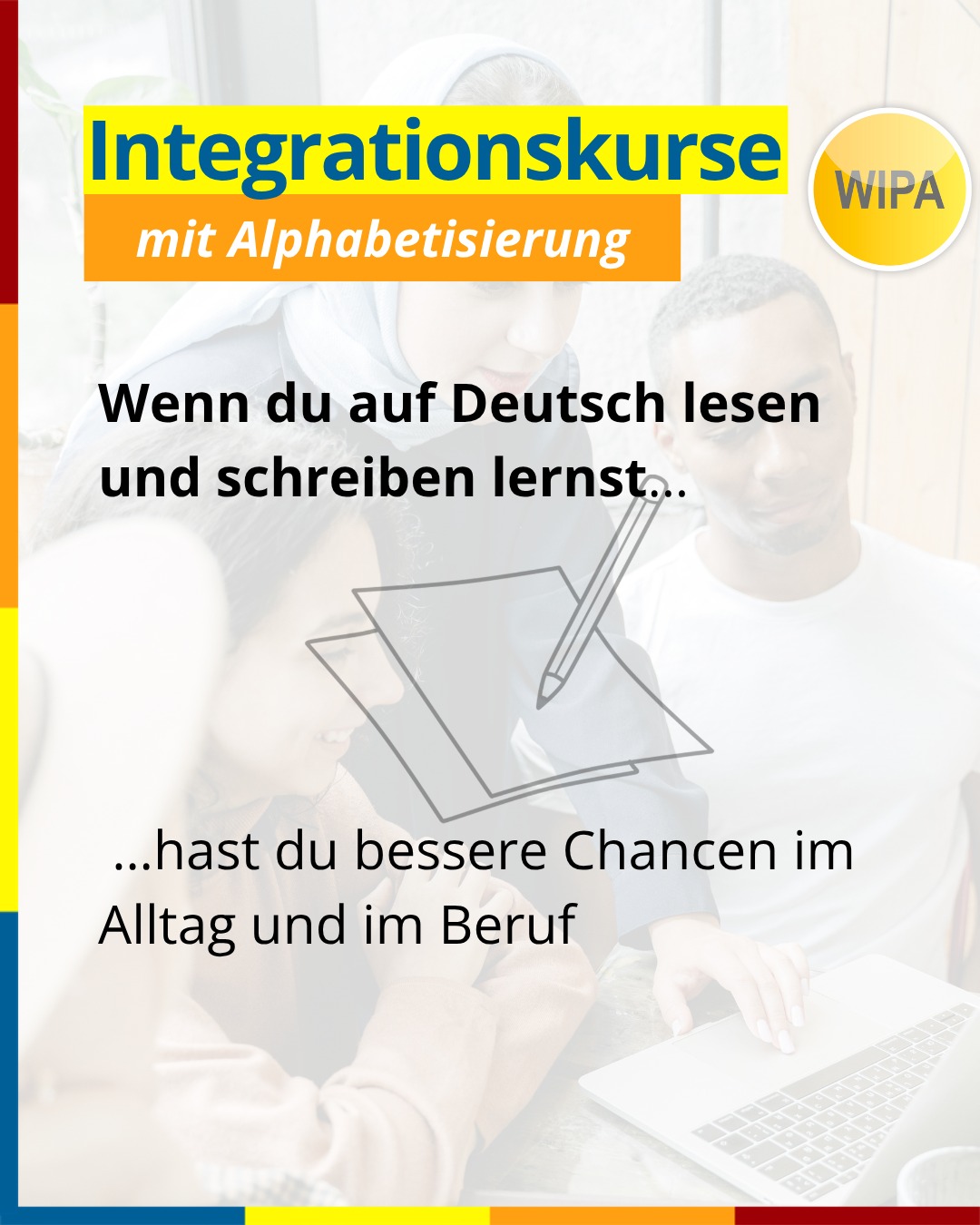 🇩🇪 Alphabetisierung & Integrationskurs in Berlin – Deutsch lesen, schreiben & sprechen lernen
Du möchtest Deutsch lesen und schreiben lernen?
Unsere Alphabetisierungskurse in Berlin bieten dir den perfekten Start: Schritt für Schritt lernst du das Alphabet, lesen, schreiben und sicher Deutsch sprechen – für Alltag, Beruf und Gesellschaft.
📚 Kursinhalte:
• Alphabet lernen & Buchstaben sicher schreiben ✍️
• Lesen & Schreiben für den Alltag (Formulare, Schilder, Nachrichten)
• Deutsch sprechen & verstehen 🗣️
• Lernstrategien: „Lernen lernen“
• Orientierungskurs (100 UE): Politik, Gesellschaft & Geschichte 🇩🇪
• Insgesamt 900 UE (≈ 12 Monate) + optional 300 UE Wiederholung
• Abschluss: Deutsch-Test für Zuwanderer (telc DTZ A2/B1) + Test „Leben in Deutschland“ ✅
🕓 Kurszeiten:
👉 montags bis freitags, 4 Unterrichtseinheiten pro Tag
📍 Standorte in Berlin:
Lichtenberg – WIPA GmbH, Möllendorffstraße 48 (4. OG, Raum 401)
☎️ 030 557414 0 | ✉️ integration@wipa-berlin.de
Moabit – WIPA GmbH, Stromstraße 47 (EG, Raum 003)
☎️ 030 557414 42 | ✉️ integration@wipa-berlin.de
📝 Zur Anmeldung bitte mitbringen:
Pass oder Personalausweis
Meldebescheinigung
(Wenn vorhanden: Aufenthaltstitel, Jobcenter-/Sozialamt-Bescheid, Zulassung/Verpflichtung, DTZ-Zertifikat)
👉 Jetzt informieren, Termin vereinbaren und starten!
📩 Schreib uns eine E-Mail oder ruf direkt an.
#IntegrationskursBerlin #Alphabetisierungskurs #DeutschLernen #DeutschLesenUndSchreiben #DTZ #BAMFKurs #WIPABerlin #Lichtenberg #Moabit #IntegrationInDeutschland #DeutschFürErwachsene #AlphabetisierungDeutsch #IntegrationKurs #telcDTZ #LebenInDeutschland #DeutschKursBerlin