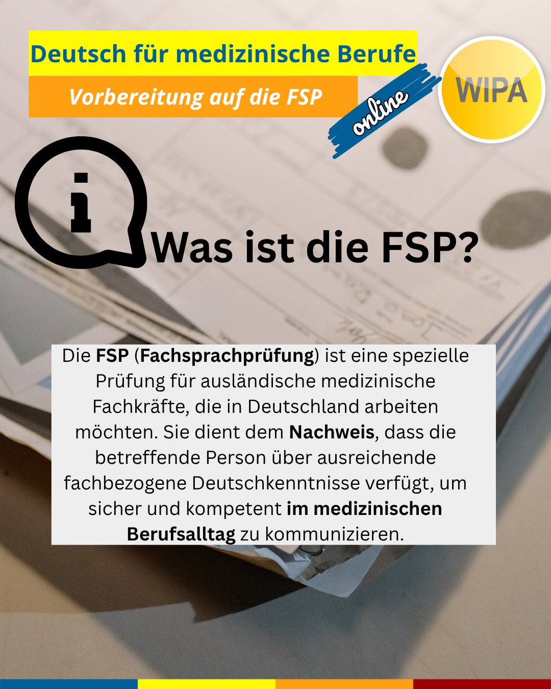 🩺 Abendkurs Deutsch für medizinische Berufe – Online. 
Vorbereitung auf die Fachsprachprüfung (FSP)
📅 03.11.2025 – 09.01.2026
Mach dich fit für die Fachsprachenprüfung Medizin (FSP) – ganz bequem von zu Hause! 💻
In 160 spannenden Unterrichtseinheiten lernst du alles, was du brauchst, um sicher und souverän im medizinischen Berufsalltag auf Deutsch zu kommunizieren.
✨ Highlights:
📘 Intensivkurs mit erfahrenen, muttersprachlichen Lehrer*innen
🕔 Montag–Donnerstag, 17:00–20:15 Uhr
🎁 Jetzt zum Sonderpreis: 1.719 € statt 2.099 €!
📍 Im virtuellen Klassenzimmer – lerne, wo du willst!
Perfekt für Ärzt*innen, Pflegekräfte und medizinisches Personal, das in Deutschland arbeiten möchte 🇩🇪
Jetzt anmelden & durchstarten 👉 sabine.massloff@wipa.de
#deutschfürmediziner #fachsprachemedizin #fspdeutsch #deutschkursonline #medizinindeutschland #telcmedizin #deutschlernen #sprachkurs #wipaberlin #abenkursdeutsch #medizinberufe #onlinesprachkurs #germancourse #learnGerman #medizin #arztindeutschland