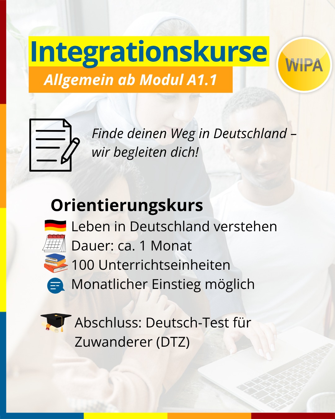 🇩🇪 In Deutschland ankommen – mit Sprache & Herz! 💬✨
Du möchtest in Deutschland leben, arbeiten und dich wirklich zuhause fühlen?
Dann ist unser Integrationskurs in Berlin genau das Richtige für dich!
💡 Was dich erwartet:
📘 Deutsch lernen von A1 bis B1 – Lesen, Schreiben, Sprechen & Verstehen
🌍 Spannende Einblicke in Kultur, Geschichte & Rechtsordnung in Deutschland
🎯 Zielgerichtete Vorbereitung auf den Deutsch-Test für Zuwanderer (DTZ) und den Test „Leben in Deutschland“ (TLiD)
🕓 600 Unterrichtseinheiten in nur 6 Monaten
📅 Monatlicher Einstieg möglich – ganz nach deinem Niveau
Starte jetzt deinen Weg – lerne Deutsch, finde Anschluss, baue dir dein neues Leben auf. 💪
Wir begleiten dich dabei!
📍 Integrationskurse & Deutschkurse in Berlin – persönlich & professionell.
📚Nächster Kursstart:
📆 ab 03.11.25
⏰09:00 - 12:15
montags bis freitags
📍Stromstr. 47
10551 Berlin
📧integration@wipa-berlin.de
#Integrationskurs #Deutschlernen #DeutschkurseBerlin #IntegrationskurseBerlin #A1bisB1 #DTZ #LebeninDeutschland #DeutschfürZuwanderer #InDeutschlandLeben #DeutschlerneninBerlin #WIPABerlin #DeutschfürdenAlltag