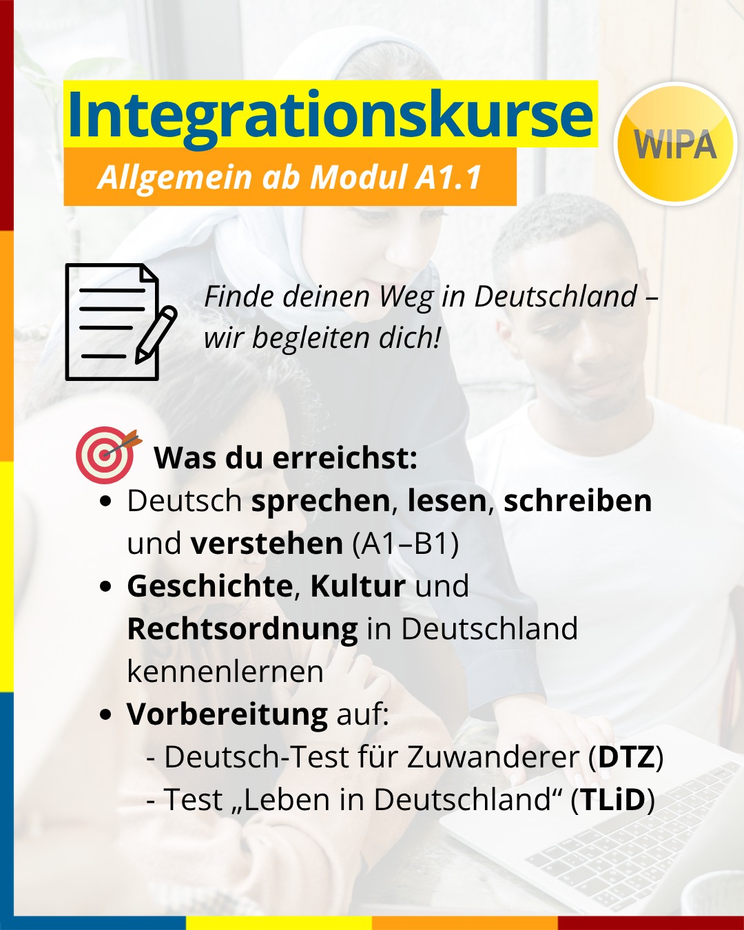 🇩🇪 In Deutschland ankommen – mit Sprache & Herz! 💬✨
Du möchtest in Deutschland leben, arbeiten und dich wirklich zuhause fühlen?
Dann ist unser Integrationskurs in Berlin genau das Richtige für dich!
💡 Was dich erwartet:
📘 Deutsch lernen von A1 bis B1 – Lesen, Schreiben, Sprechen & Verstehen
🌍 Spannende Einblicke in Kultur, Geschichte & Rechtsordnung in Deutschland
🎯 Zielgerichtete Vorbereitung auf den Deutsch-Test für Zuwanderer (DTZ) und den Test „Leben in Deutschland“ (TLiD)
🕓 600 Unterrichtseinheiten in nur 6 Monaten
📅 Monatlicher Einstieg möglich – ganz nach deinem Niveau
Starte jetzt deinen Weg – lerne Deutsch, finde Anschluss, baue dir dein neues Leben auf. 💪
Wir begleiten dich dabei!
📍 Integrationskurse & Deutschkurse in Berlin – persönlich & professionell.
📚Nächster Kursstart:
📆 ab 03.11.25
⏰09:00 - 12:15
montags bis freitags
📍Stromstr. 47
10551 Berlin
📧integration@wipa-berlin.de
#Integrationskurs #Deutschlernen #DeutschkurseBerlin #IntegrationskurseBerlin #A1bisB1 #DTZ #LebeninDeutschland #DeutschfürZuwanderer #InDeutschlandLeben #DeutschlerneninBerlin #WIPABerlin #DeutschfürdenAlltag