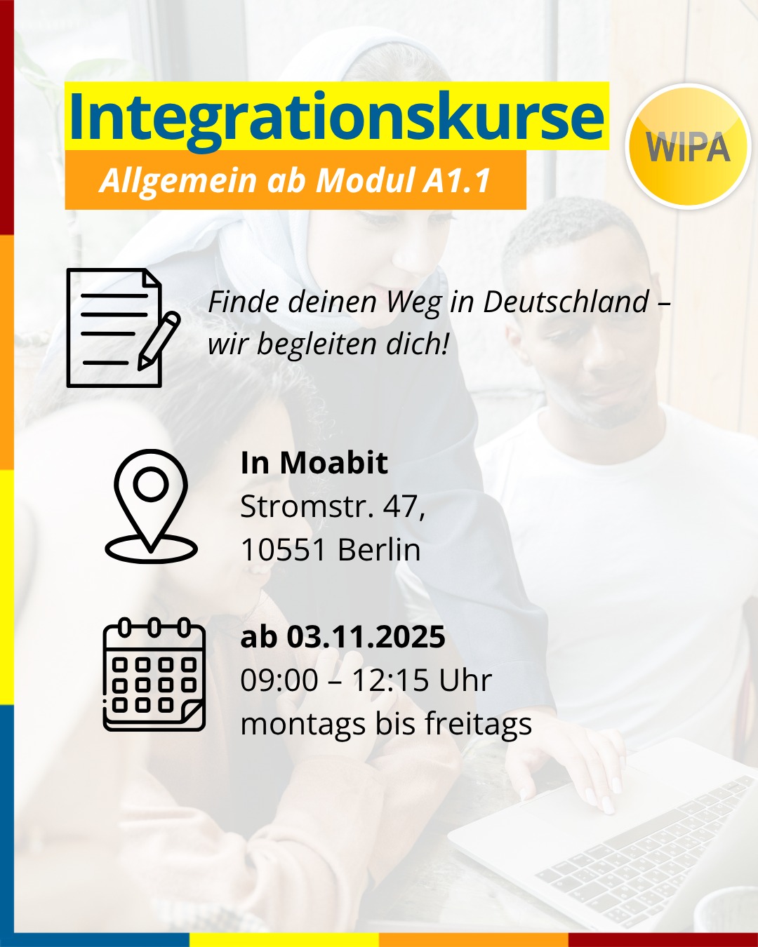 🇩🇪 In Deutschland ankommen – mit Sprache & Herz! 💬✨
Du möchtest in Deutschland leben, arbeiten und dich wirklich zuhause fühlen?
Dann ist unser Integrationskurs in Berlin genau das Richtige für dich!
💡 Was dich erwartet:
📘 Deutsch lernen von A1 bis B1 – Lesen, Schreiben, Sprechen & Verstehen
🌍 Spannende Einblicke in Kultur, Geschichte & Rechtsordnung in Deutschland
🎯 Zielgerichtete Vorbereitung auf den Deutsch-Test für Zuwanderer (DTZ) und den Test „Leben in Deutschland“ (TLiD)
🕓 600 Unterrichtseinheiten in nur 6 Monaten
📅 Monatlicher Einstieg möglich – ganz nach deinem Niveau
Starte jetzt deinen Weg – lerne Deutsch, finde Anschluss, baue dir dein neues Leben auf. 💪
Wir begleiten dich dabei!
📍 Integrationskurse & Deutschkurse in Berlin – persönlich & professionell.
📚Nächster Kursstart: 
📆 ab 03.11.25
⏰09:00 - 12:15
montags bis freitags
📍Stromstr. 47
10551 Berlin
📧integration@wipa-berlin.de
#Integrationskurs #Deutschlernen #DeutschkurseBerlin #IntegrationskurseBerlin #A1bisB1 #DTZ #LebeninDeutschland #DeutschfürZuwanderer #InDeutschlandLeben #DeutschlerneninBerlin #WIPABerlin #DeutschfürdenAlltag