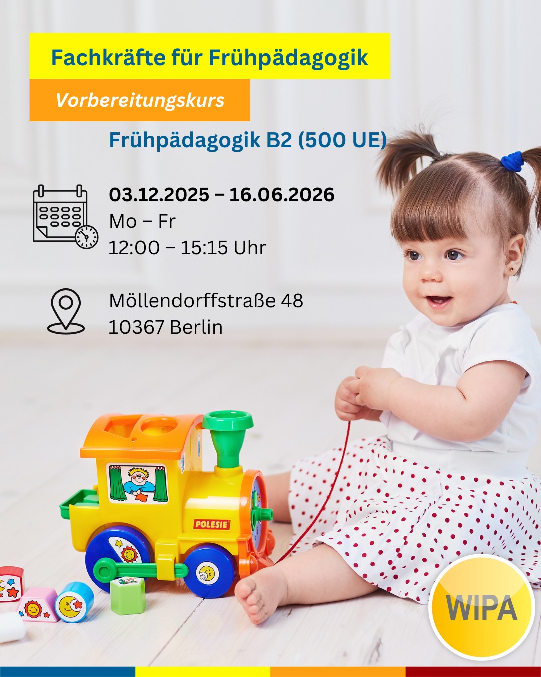 🎓 Starte deine Zukunft in der Frühpädagogik! 👶💬
Du möchtest mit Kindern arbeiten, deine Deutschkenntnisse verbessern und dich beruflich weiterentwickeln?
Dann ist unser Vorbereitungskurs für Fachkräfte im Bereich frühkindlicher Erziehung genau das Richtige für dich! 🌱
📚 Du lernst bei uns:
✨ Kommunikation mit Kindern, Eltern & Kolleg:innen
✨ Konfliktlösung & Teamarbeit
✨ Rechte & Pflichten im Beruf
✨ Bildung und Lernen aktiv gestalten
💡 Für wen?
Für alle mit Migrationshintergrund, die im Bereich Frühpädagogik / Erziehung / Bildung arbeiten oder starten möchten – mit oder ohne Erfahrung.
📅 Weitere Infos & Termine:
👶 Frühpädagogik B2 (500 UE)
🗓️ 03.12.2025 – 16.06.2026
🕛 Mo – Fr, 12:00 – 15:15 Uhr
🏫 In Präsenz: WIPA Berlin-Lichtenberg, Möllendorffstraße 48
💻 Frühpädagogik C1 (400 UE)
🗓️ 01.12.2025 – 10.08.2026
🕠 Mo – Do, 17:30 – 20:00 Uhr
🌍 Auch online möglich
🎓 Abschluss:
DTB-Zertifikat + Teilnahmezertifikat
💰 Kosten:
Mit Berechtigung zur Teilnahme an einem Berufssprachkurs (Gewerbe/Technik) vom Jobcenter oder der Agentur für Arbeit → Förderung möglich!
📞 Jetzt informieren & anmelden:
📧 bsk@wipa-berlin.de
📍 Berlin-Lichtenberg & Moabit
📲 030 55741418
#frühpädagogik #erzieherausbildung #sprachkursberlin #deutschkursb2 #deutschkursc1 #bildungberlin #wipaberlin #berufssprachkurs #pädagogik #erzieherinwerden #weiterbildungberlin #sprachschuleberlin #lernenmitwipa #integrationdurchsprache #jobmitkinder #beruflicheweiterbildung