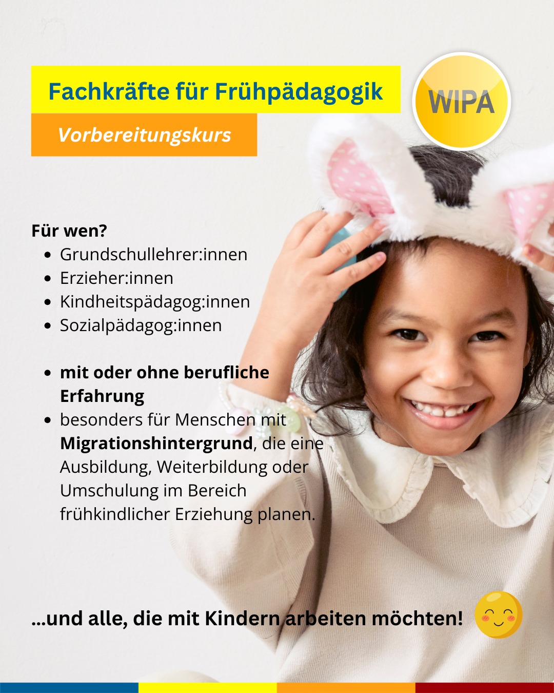 🎓 Starte deine Zukunft in der Frühpädagogik! 👶💬
Du möchtest mit Kindern arbeiten, deine Deutschkenntnisse verbessern und dich beruflich weiterentwickeln?
Dann ist unser Vorbereitungskurs für Fachkräfte im Bereich frühkindlicher Erziehung genau das Richtige für dich! 🌱
📚 Du lernst bei uns:
✨ Kommunikation mit Kindern, Eltern & Kolleg:innen
✨ Konfliktlösung & Teamarbeit
✨ Rechte & Pflichten im Beruf
✨ Bildung und Lernen aktiv gestalten
💡 Für wen?
Für alle mit Migrationshintergrund, die im Bereich Frühpädagogik / Erziehung / Bildung arbeiten oder starten möchten – mit oder ohne Erfahrung.
📅 Weitere Infos & Termine:
👶 Frühpädagogik B2 (500 UE)
🗓️ 03.12.2025 – 16.06.2026
🕛 Mo – Fr, 12:00 – 15:15 Uhr
🏫 In Präsenz: WIPA Berlin-Lichtenberg, Möllendorffstraße 48
💻 Frühpädagogik C1 (400 UE)
🗓️ 01.12.2025 – 10.08.2026
🕠 Mo – Do, 17:30 – 20:00 Uhr
🌍 Auch online möglich
🎓 Abschluss:
DTB-Zertifikat + Teilnahmezertifikat
💰 Kosten:
Mit Berechtigung zur Teilnahme an einem Berufssprachkurs (Gewerbe/Technik) vom Jobcenter oder der Agentur für Arbeit → Förderung möglich!
📞 Jetzt informieren & anmelden:
📧 bsk@wipa-berlin.de
📍 Berlin-Lichtenberg & Moabit
📲 030 55741418
#frühpädagogik #erzieherausbildung #sprachkursberlin #deutschkursb2 #deutschkursc1 #bildungberlin #wipaberlin #berufssprachkurs #pädagogik #erzieherinwerden #weiterbildungberlin #sprachschuleberlin #lernenmitwipa #integrationdurchsprache #jobmitkinder #beruflicheweiterbildung
