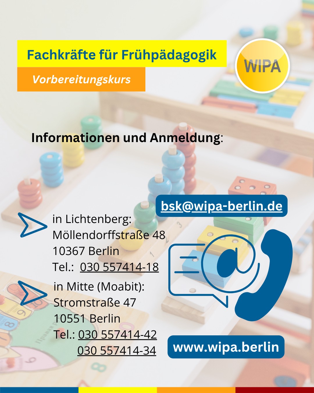 🎓 Starte deine Zukunft in der Frühpädagogik! 👶💬
Du möchtest mit Kindern arbeiten, deine Deutschkenntnisse verbessern und dich beruflich weiterentwickeln?
Dann ist unser Vorbereitungskurs für Fachkräfte im Bereich frühkindlicher Erziehung genau das Richtige für dich! 🌱
📚 Du lernst bei uns:
✨ Kommunikation mit Kindern, Eltern & Kolleg:innen
✨ Konfliktlösung & Teamarbeit
✨ Rechte & Pflichten im Beruf
✨ Bildung und Lernen aktiv gestalten
💡 Für wen?
Für alle mit Migrationshintergrund, die im Bereich Frühpädagogik / Erziehung / Bildung arbeiten oder starten möchten – mit oder ohne Erfahrung.
📅 Weitere Infos & Termine:
👶 Frühpädagogik B2 (500 UE)
🗓️ 03.12.2025 – 16.06.2026
🕛 Mo – Fr, 12:00 – 15:15 Uhr
🏫 In Präsenz: WIPA Berlin-Lichtenberg, Möllendorffstraße 48
💻 Frühpädagogik C1 (400 UE)
🗓️ 01.12.2025 – 10.08.2026
🕠 Mo – Do, 17:30 – 20:00 Uhr
🌍 Auch online möglich
🎓 Abschluss:
DTB-Zertifikat + Teilnahmezertifikat
💰 Kosten:
Mit Berechtigung zur Teilnahme an einem Berufssprachkurs (Gewerbe/Technik) vom Jobcenter oder der Agentur für Arbeit → Förderung möglich!
📞 Jetzt informieren & anmelden:
📧 bsk@wipa-berlin.de
📍 Berlin-Lichtenberg & Moabit
📲 030 55741418
#frühpädagogik #erzieherausbildung #sprachkursberlin #deutschkursb2 #deutschkursc1 #bildungberlin #wipaberlin #berufssprachkurs #pädagogik #erzieherinwerden #weiterbildungberlin #sprachschuleberlin #lernenmitwipa #integrationdurchsprache #jobmitkinder #beruflicheweiterbildung