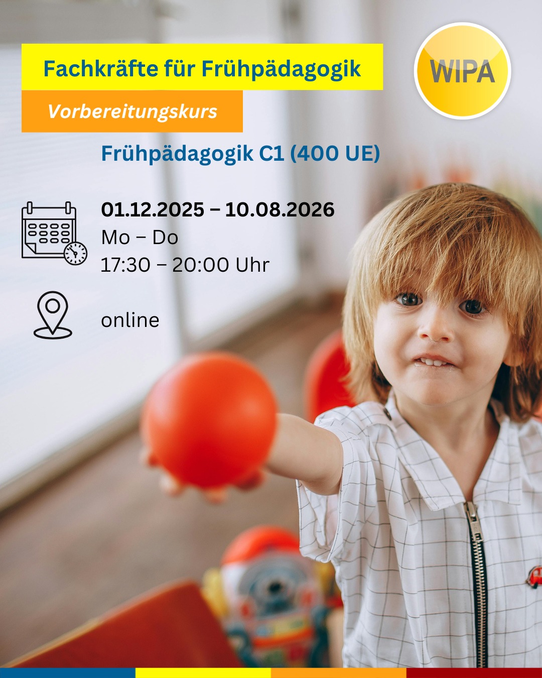 🎓 Starte deine Zukunft in der Frühpädagogik! 👶💬
Du möchtest mit Kindern arbeiten, deine Deutschkenntnisse verbessern und dich beruflich weiterentwickeln?
Dann ist unser Vorbereitungskurs für Fachkräfte im Bereich frühkindlicher Erziehung genau das Richtige für dich! 🌱
📚 Du lernst bei uns:
✨ Kommunikation mit Kindern, Eltern & Kolleg:innen
✨ Konfliktlösung & Teamarbeit
✨ Rechte & Pflichten im Beruf
✨ Bildung und Lernen aktiv gestalten
💡 Für wen?
Für alle mit Migrationshintergrund, die im Bereich Frühpädagogik / Erziehung / Bildung arbeiten oder starten möchten – mit oder ohne Erfahrung.
📅 Weitere Infos & Termine:
👶 Frühpädagogik B2 (500 UE)
🗓️ 03.12.2025 – 16.06.2026
🕛 Mo – Fr, 12:00 – 15:15 Uhr
🏫 In Präsenz: WIPA Berlin-Lichtenberg, Möllendorffstraße 48
💻 Frühpädagogik C1 (400 UE)
🗓️ 01.12.2025 – 10.08.2026
🕠 Mo – Do, 17:30 – 20:00 Uhr
🌍 Auch online möglich
🎓 Abschluss:
DTB-Zertifikat + Teilnahmezertifikat
💰 Kosten:
Mit Berechtigung zur Teilnahme an einem Berufssprachkurs (Gewerbe/Technik) vom Jobcenter oder der Agentur für Arbeit → Förderung möglich!
📞 Jetzt informieren & anmelden:
📧 bsk@wipa-berlin.de
📍 Berlin-Lichtenberg & Moabit
📲 030 55741418
#frühpädagogik #erzieherausbildung #sprachkursberlin #deutschkursb2 #deutschkursc1 #bildungberlin #wipaberlin #berufssprachkurs #pädagogik #erzieherinwerden #weiterbildungberlin #sprachschuleberlin #lernenmitwipa #integrationdurchsprache #jobmitkinder #beruflicheweiterbildung