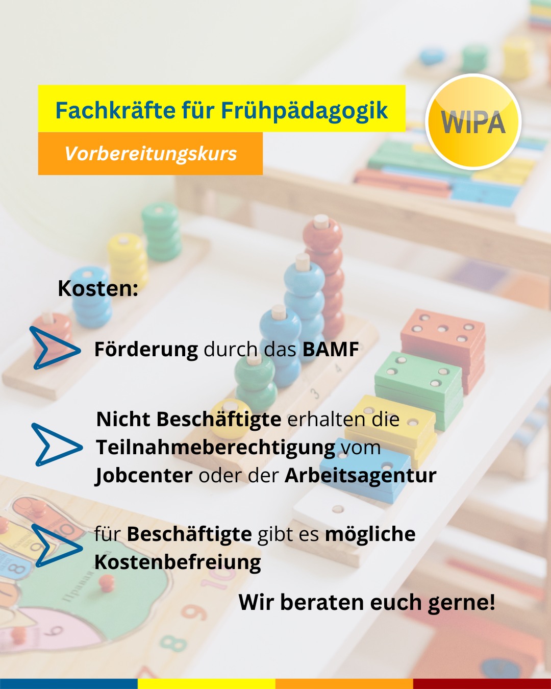 🎓 Starte deine Zukunft in der Frühpädagogik! 👶💬
Du möchtest mit Kindern arbeiten, deine Deutschkenntnisse verbessern und dich beruflich weiterentwickeln?
Dann ist unser Vorbereitungskurs für Fachkräfte im Bereich frühkindlicher Erziehung genau das Richtige für dich! 🌱
📚 Du lernst bei uns:
✨ Kommunikation mit Kindern, Eltern & Kolleg:innen
✨ Konfliktlösung & Teamarbeit
✨ Rechte & Pflichten im Beruf
✨ Bildung und Lernen aktiv gestalten
💡 Für wen?
Für alle mit Migrationshintergrund, die im Bereich Frühpädagogik / Erziehung / Bildung arbeiten oder starten möchten – mit oder ohne Erfahrung.
📅 Weitere Infos & Termine:
👶 Frühpädagogik B2 (500 UE)
🗓️ 03.12.2025 – 16.06.2026
🕛 Mo – Fr, 12:00 – 15:15 Uhr
🏫 In Präsenz: WIPA Berlin-Lichtenberg, Möllendorffstraße 48
💻 Frühpädagogik C1 (400 UE)
🗓️ 01.12.2025 – 10.08.2026
🕠 Mo – Do, 17:30 – 20:00 Uhr
🌍 Auch online möglich
🎓 Abschluss:
DTB-Zertifikat + Teilnahmezertifikat
💰 Kosten:
Mit Berechtigung zur Teilnahme an einem Berufssprachkurs (Gewerbe/Technik) vom Jobcenter oder der Agentur für Arbeit → Förderung möglich!
📞 Jetzt informieren & anmelden:
📧 bsk@wipa-berlin.de
📍 Berlin-Lichtenberg & Moabit
📲 030 55741418
#frühpädagogik #erzieherausbildung #sprachkursberlin #deutschkursb2 #deutschkursc1 #bildungberlin #wipaberlin #berufssprachkurs #pädagogik #erzieherinwerden #weiterbildungberlin #sprachschuleberlin #lernenmitwipa #integrationdurchsprache #jobmitkinder #beruflicheweiterbildung