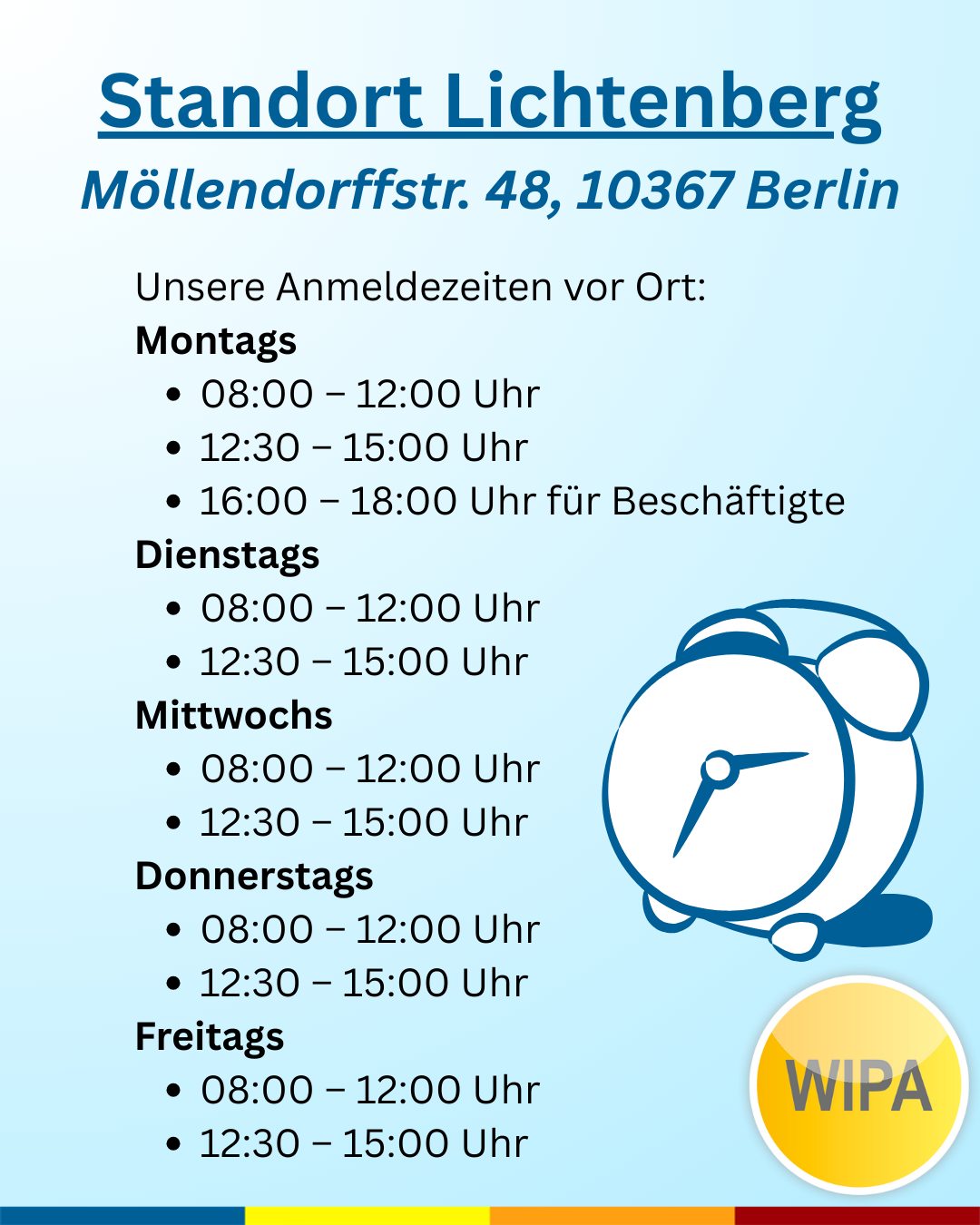 🇩🇪 Wann kann ich mich für einen Kurs bei WIPA anmelden?
Du suchst Deutschkurse online oder vor Ort? Dann bist du bei WIPA Berlin richtig. Bei uns findest du das passende Angebot für Deutsch und Englisch – und das das ganze Jahr über.
Wir bieten Deutschkurse online und in Präsenz – sowohl für Firmen als auch für Privatpersonen, inklusive BAMF-geförderter Kurse sowie Maßnahmen des Jobcenters und der Agentur für Arbeit.
Unser Kursangebot umfasst:
🌍 Deutschkurse online und in Präsenz
🏢 Deutschkurse für Firmen und Privatpersonen
🤝 Integrationskurse (BAMF-gefördert)
🔤 Alphabetisierungskurse
📖 Deutsch für gering Literalisierte
💼 Berufssprachkurse (BSK)
🎯 Jobcoaching
🗣️ Sprachcoaching
🇬🇧 Englischfit
📘 Englischkurse
🧒 Kinderkurse (Deutsch und Englisch für Vorschulkinder und Grundschüler)
📝 Prüfungsvorbereitung (telc, XpertBusiness, Microsoft Specialist, MSA)
💻 Praxisnahe Informatikkurse
📊 Umschulungen und Weiterbildungen im Bereich Büromanagement, Lohn und Gehalt, Finanz- und Buchhaltung
WIPA Berlin ist zudem ein zertifiziertes Prüfungszentrum für telc- und XpertBusiness-Prüfungen.
Die Anmeldezeiten und Kursstarts variieren je nach Kursformat und Förderung. Kontaktiere uns frühzeitig – wir beraten dich individuell und begleiten dich Schritt für Schritt.
👉 Jetzt anmelden und mit WIPA Berlin durchstarten!
Register for our courses and exams and start your learning journey at WIPA Berlin
🌍 Online and in-person German courses
🏢 German courses for companies and private individuals
🤝 Integration courses (BAMF-funded)
🔤 Alphabetization courses
📖 German for learners with low literacy
💼 Vocational German courses (BSK)
🎯 Job coaching
🗣️ Language coaching
🇬🇧 Englishfit
📘 English courses
🧒 Children’s courses (German and English for preschool and primary school children)
📝 Exam preparation (telc, XpertBusiness, Microsoft Specialist, MSA)
💻 Practical IT courses
📊 Retraining programs and further education in office management, payroll, finance, and accounting
#deutschonline #germanclasses #learngerman #telcexams #deutschonline #germanforkids #learnenglish #germanandcareer #businessenglish #englishforkids #studygermaninberlin