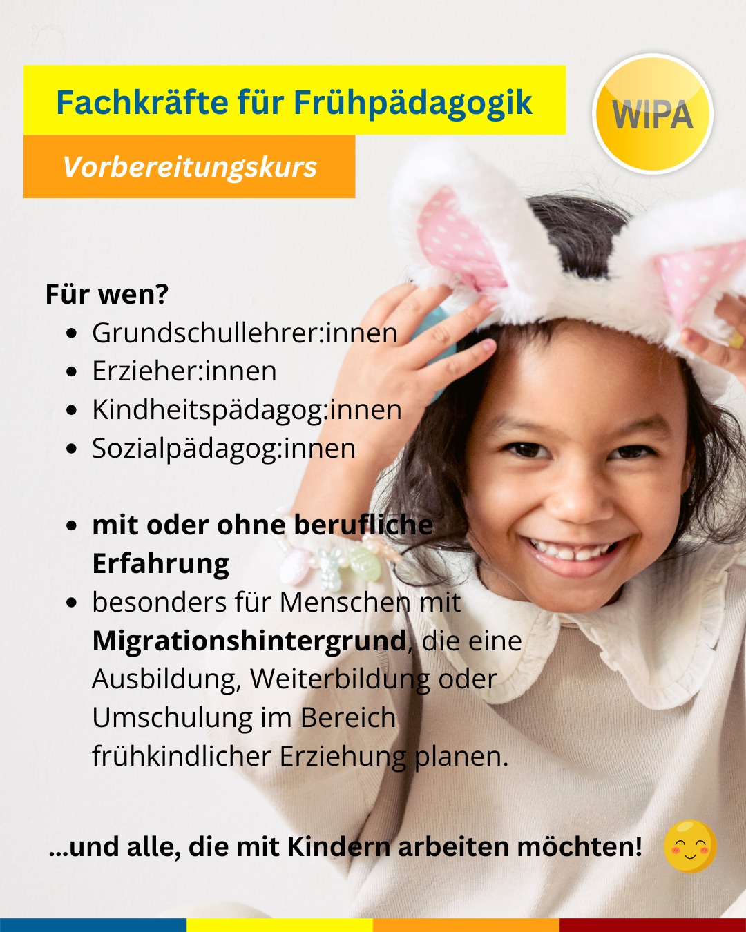 🌱 Arbeiten mit Kindern ist dein Traum?
Dann starte jetzt deine berufliche Zukunft in der Frühpädagogik mit einem Berufssprachkurs Deutsch für Erzieher*innen und pädagogische Fachkräfte in Berlin 👶📚
Unsere BAMF-geförderten Deutschkurse B2 und C1 bereiten dich gezielt auf den Arbeitsalltag in der Kita, auf pädagogische Kommunikation, Elterngespräche und Fachdokumentation vor.
🟩 B2 Frühpädagogik – Präsenz (Deutsch B2 Beruf)
📅 23.03.2025 – 21.09.2026
⏰ Mo–Fr | 09:00–12:15
📍 Stromstr. 47, 10551 Berlin
🟦 C1 Frühpädagogik – Online (Deutsch C1 Beruf)
📅 23.03.2026 – 16.11.2026
⏰ Mo–Do | 17:30–20:00
💻 Online-Berufssprachkurs Deutsch
🟩 B2 Frühpädagogik – Präsenz (Deutsch lernen für Erzieher*innen)
📅 25.03.2026 – 23.09.2026
⏰ Mo–Fr | 08:15–11:30
📍 Möllendorffstr. 48, 10367 Berlin
✨ Deutsch für den Beruf. Deutsch für deine Zukunft.
👉 Jetzt informieren & Platz im Berufssprachkurs Frühpädagogik Berlin sichern!
#DeutschfürErzieher #Erzieherausbildung #PädagogischeFachkräfte #Weiterbildung #KarriereimSozialbereich #IntegrationdurchSprache #BeruflicheIntegration #DeutschundBeruf