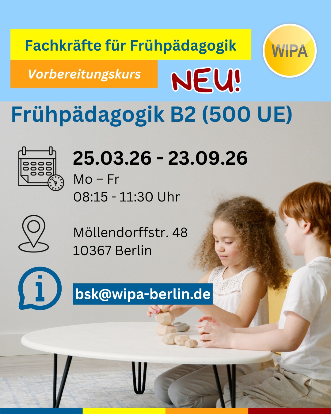 🌱 Arbeiten mit Kindern ist dein Traum?
Dann starte jetzt deine berufliche Zukunft in der Frühpädagogik mit einem Berufssprachkurs Deutsch für Erzieher*innen und pädagogische Fachkräfte in Berlin 👶📚
Unsere BAMF-geförderten Deutschkurse B2 und C1 bereiten dich gezielt auf den Arbeitsalltag in der Kita, auf pädagogische Kommunikation, Elterngespräche und Fachdokumentation vor.
🟩 B2 Frühpädagogik – Präsenz (Deutsch B2 Beruf)
📅 23.03.2025 – 21.09.2026
⏰ Mo–Fr | 09:00–12:15
📍 Stromstr. 47, 10551 Berlin
🟦 C1 Frühpädagogik – Online (Deutsch C1 Beruf)
📅 23.03.2026 – 16.11.2026
⏰ Mo–Do | 17:30–20:00
💻 Online-Berufssprachkurs Deutsch
🟩 B2 Frühpädagogik – Präsenz (Deutsch lernen für Erzieher*innen)
📅 25.03.2026 – 23.09.2026
⏰ Mo–Fr | 08:15–11:30
📍 Möllendorffstr. 48, 10367 Berlin
✨ Deutsch für den Beruf. Deutsch für deine Zukunft.
👉 Jetzt informieren & Platz im Berufssprachkurs Frühpädagogik Berlin sichern!
#DeutschfürErzieher #Erzieherausbildung #PädagogischeFachkräfte #Weiterbildung #KarriereimSozialbereich #IntegrationdurchSprache #BeruflicheIntegration #DeutschundBeruf