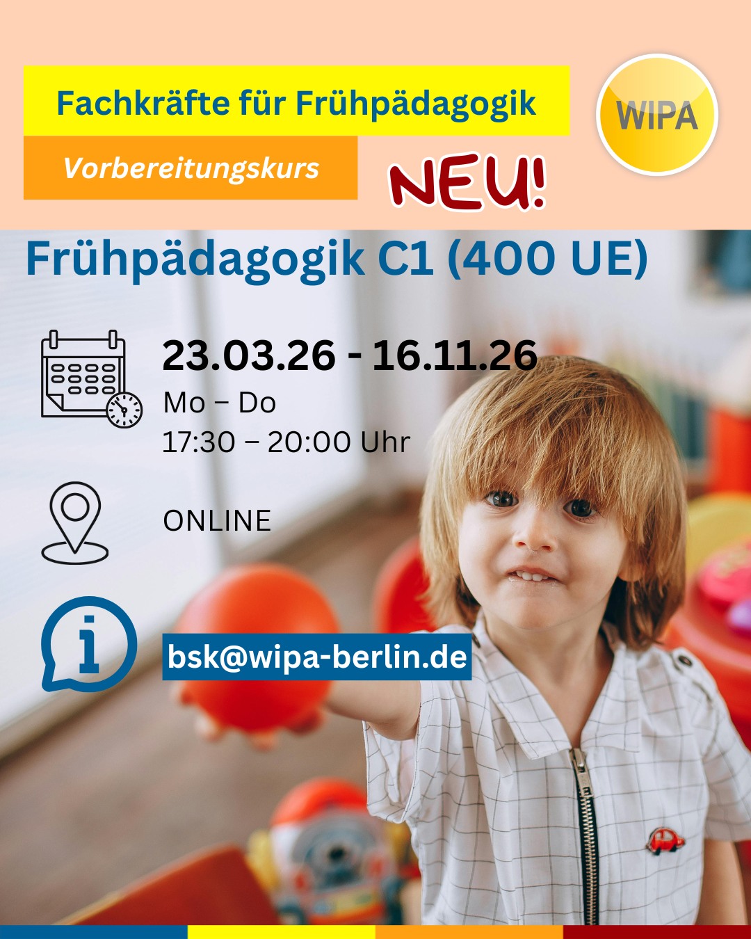 🌱 Arbeiten mit Kindern ist dein Traum?
Dann starte jetzt deine berufliche Zukunft in der Frühpädagogik mit einem Berufssprachkurs Deutsch für Erzieher*innen und pädagogische Fachkräfte in Berlin 👶📚
Unsere BAMF-geförderten Deutschkurse B2 und C1 bereiten dich gezielt auf den Arbeitsalltag in der Kita, auf pädagogische Kommunikation, Elterngespräche und Fachdokumentation vor.
🟩 B2 Frühpädagogik – Präsenz (Deutsch B2 Beruf)
📅 23.03.2025 – 21.09.2026
⏰ Mo–Fr | 09:00–12:15
📍 Stromstr. 47, 10551 Berlin
🟦 C1 Frühpädagogik – Online (Deutsch C1 Beruf)
📅 23.03.2026 – 16.11.2026
⏰ Mo–Do | 17:30–20:00
💻 Online-Berufssprachkurs Deutsch
🟩 B2 Frühpädagogik – Präsenz (Deutsch lernen für Erzieher*innen)
📅 25.03.2026 – 23.09.2026
⏰ Mo–Fr | 08:15–11:30
📍 Möllendorffstr. 48, 10367 Berlin
✨ Deutsch für den Beruf. Deutsch für deine Zukunft.
👉 Jetzt informieren & Platz im Berufssprachkurs Frühpädagogik Berlin sichern!
#DeutschfürErzieher #Erzieherausbildung #PädagogischeFachkräfte #Weiterbildung #KarriereimSozialbereich #IntegrationdurchSprache #BeruflicheIntegration #DeutschundBeruf