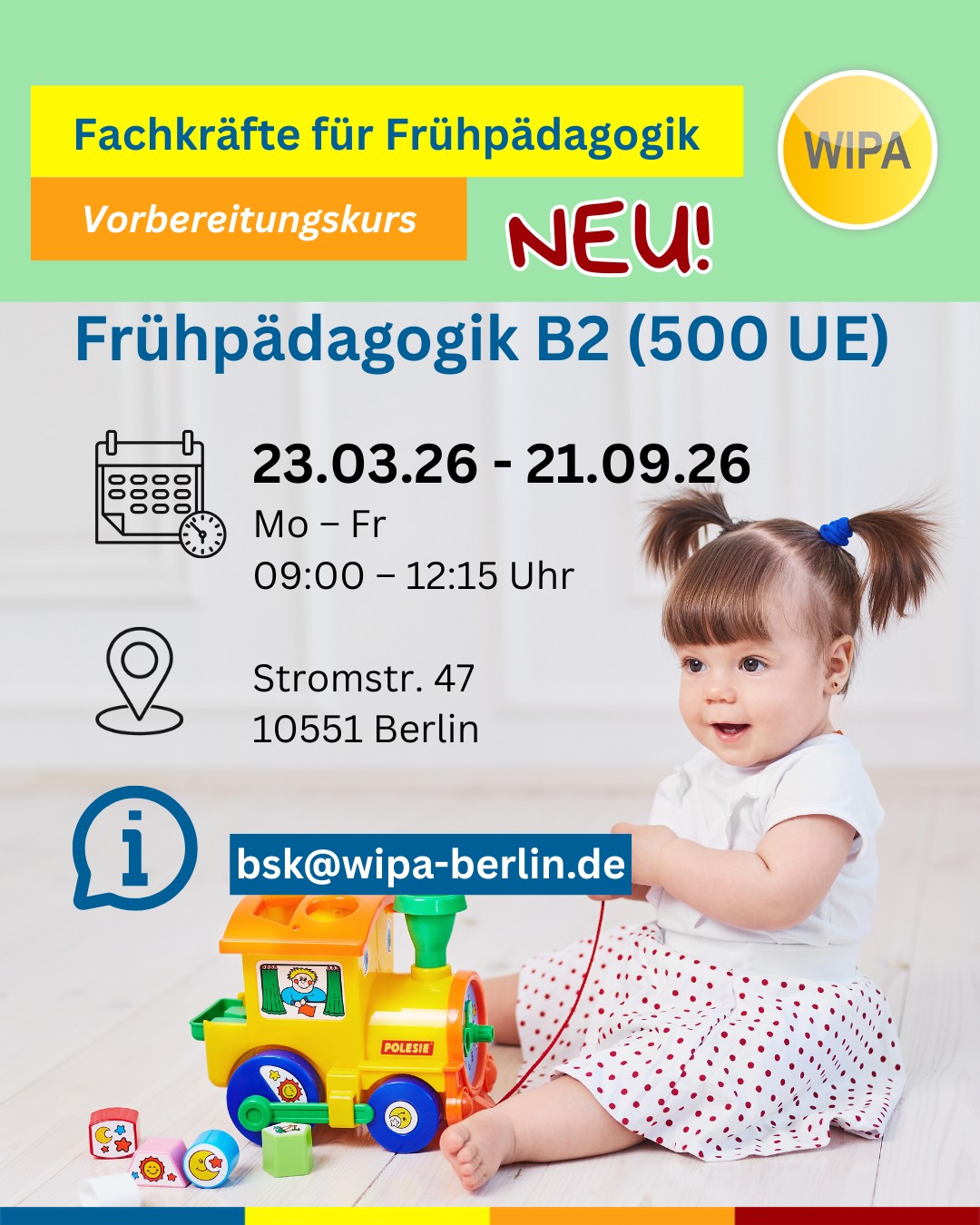 🌱 Arbeiten mit Kindern ist dein Traum?
Dann starte jetzt deine berufliche Zukunft in der Frühpädagogik mit einem Berufssprachkurs Deutsch für Erzieher*innen und pädagogische Fachkräfte in Berlin 👶📚
Unsere BAMF-geförderten Deutschkurse B2 und C1 bereiten dich gezielt auf den Arbeitsalltag in der Kita, auf pädagogische Kommunikation, Elterngespräche und Fachdokumentation vor.
🟩 B2 Frühpädagogik – Präsenz (Deutsch B2 Beruf)
📅 23.03.2025 – 21.09.2026
⏰ Mo–Fr | 09:00–12:15
📍 Stromstr. 47, 10551 Berlin
🟦 C1 Frühpädagogik – Online (Deutsch C1 Beruf)
📅 23.03.2026 – 16.11.2026
⏰ Mo–Do | 17:30–20:00
💻 Online-Berufssprachkurs Deutsch
🟩 B2 Frühpädagogik – Präsenz (Deutsch lernen für Erzieher*innen)
📅 25.03.2026 – 23.09.2026
⏰ Mo–Fr | 08:15–11:30
📍 Möllendorffstr. 48, 10367 Berlin
✨ Deutsch für den Beruf. Deutsch für deine Zukunft.
👉 Jetzt informieren & Platz im Berufssprachkurs Frühpädagogik Berlin sichern!
#DeutschfürErzieher #Erzieherausbildung #PädagogischeFachkräfte #Weiterbildung #KarriereimSozialbereich #IntegrationdurchSprache #BeruflicheIntegration #DeutschundBeruf