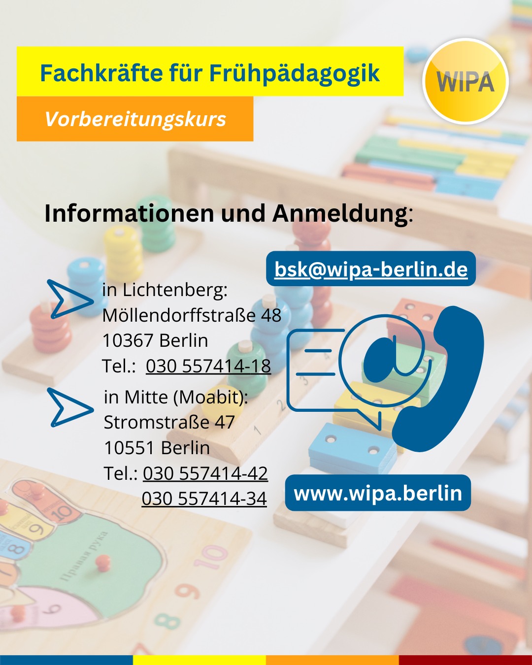 🌱 Arbeiten mit Kindern ist dein Traum?
Dann starte jetzt deine berufliche Zukunft in der Frühpädagogik mit einem Berufssprachkurs Deutsch für Erzieher*innen und pädagogische Fachkräfte in Berlin 👶📚
Unsere BAMF-geförderten Deutschkurse B2 und C1 bereiten dich gezielt auf den Arbeitsalltag in der Kita, auf pädagogische Kommunikation, Elterngespräche und Fachdokumentation vor.
🟩 B2 Frühpädagogik – Präsenz (Deutsch B2 Beruf)
📅 23.03.2025 – 21.09.2026
⏰ Mo–Fr | 09:00–12:15
📍 Stromstr. 47, 10551 Berlin
🟦 C1 Frühpädagogik – Online (Deutsch C1 Beruf)
📅 23.03.2026 – 16.11.2026
⏰ Mo–Do | 17:30–20:00
💻 Online-Berufssprachkurs Deutsch
🟩 B2 Frühpädagogik – Präsenz (Deutsch lernen für Erzieher*innen)
📅 25.03.2026 – 23.09.2026
⏰ Mo–Fr | 08:15–11:30
📍 Möllendorffstr. 48, 10367 Berlin
✨ Deutsch für den Beruf. Deutsch für deine Zukunft.
👉 Jetzt informieren & Platz im Berufssprachkurs Frühpädagogik Berlin sichern!
#DeutschfürErzieher #Erzieherausbildung #PädagogischeFachkräfte #Weiterbildung #KarriereimSozialbereich #IntegrationdurchSprache #BeruflicheIntegration #DeutschundBeruf
