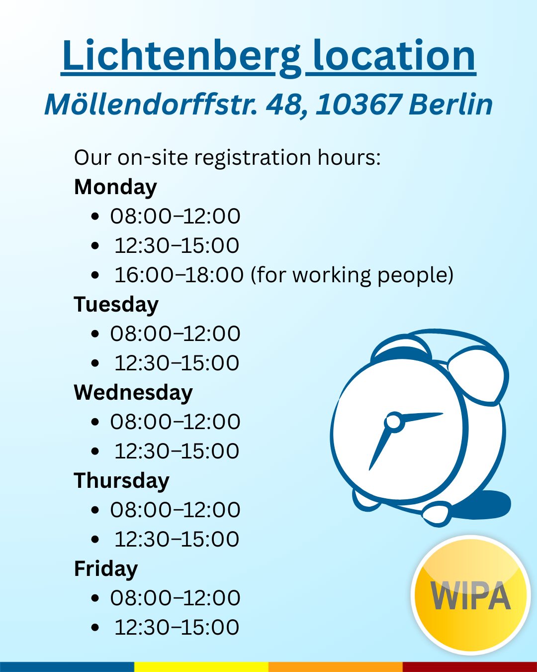🇩🇪 Wann kann ich mich für einen Kurs bei WIPA anmelden?
Du suchst Deutschkurse online oder vor Ort? Dann bist du bei WIPA Berlin richtig. Bei uns findest du das passende Angebot für Deutsch und Englisch – und das das ganze Jahr über.
Wir bieten Deutschkurse online und in Präsenz – sowohl für Firmen als auch für Privatpersonen, inklusive BAMF-geförderter Kurse sowie Maßnahmen des Jobcenters und der Agentur für Arbeit.
Unser Kursangebot umfasst:
🌍 Deutschkurse online und in Präsenz
🏢 Deutschkurse für Firmen und Privatpersonen
🤝 Integrationskurse (BAMF-gefördert)
🔤 Alphabetisierungskurse
📖 Deutsch für gering Literalisierte
💼 Berufssprachkurse (BSK)
🎯 Jobcoaching
🗣️ Sprachcoaching
🇬🇧 Englischfit
📘 Englischkurse
🧒 Kinderkurse (Deutsch und Englisch für Vorschulkinder und Grundschüler)
📝 Prüfungsvorbereitung (telc, XpertBusiness, Microsoft Specialist, MSA)
💻 Praxisnahe Informatikkurse
📊 Umschulungen und Weiterbildungen im Bereich Büromanagement, Lohn und Gehalt, Finanz- und Buchhaltung
WIPA Berlin ist zudem ein zertifiziertes Prüfungszentrum für telc- und XpertBusiness-Prüfungen.
Die Anmeldezeiten und Kursstarts variieren je nach Kursformat und Förderung. Kontaktiere uns frühzeitig – wir beraten dich individuell und begleiten dich Schritt für Schritt.
👉 Jetzt anmelden und mit WIPA Berlin durchstarten!
Register for our courses and exams and start your learning journey at WIPA Berlin
🌍 Online and in-person German courses
🏢 German courses for companies and private individuals
🤝 Integration courses (BAMF-funded)
🔤 Alphabetization courses
📖 German for learners with low literacy
💼 Vocational German courses (BSK)
🎯 Job coaching
🗣️ Language coaching
🇬🇧 Englishfit
📘 English courses
🧒 Children’s courses (German and English for preschool and primary school children)
📝 Exam preparation (telc, XpertBusiness, Microsoft Specialist, MSA)
💻 Practical IT courses
📊 Retraining programs and further education in office management, payroll, finance, and accounting
#deutschonline #germanclasses #learngerman #telcexams #deutschonline #germanforkids #learnenglish #germanandcareer #businessenglish #englishforkids #studygermaninberlin