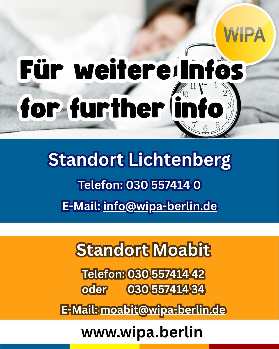 🇩🇪 Wann kann ich mich für einen Kurs bei WIPA anmelden?
Du suchst Deutschkurse online oder vor Ort? Dann bist du bei WIPA Berlin richtig. Bei uns findest du das passende Angebot für Deutsch und Englisch – und das das ganze Jahr über.
Wir bieten Deutschkurse online und in Präsenz – sowohl für Firmen als auch für Privatpersonen, inklusive BAMF-geförderter Kurse sowie Maßnahmen des Jobcenters und der Agentur für Arbeit.
Unser Kursangebot umfasst:
🌍 Deutschkurse online und in Präsenz
🏢 Deutschkurse für Firmen und Privatpersonen
🤝 Integrationskurse (BAMF-gefördert)
🔤 Alphabetisierungskurse
📖 Deutsch für gering Literalisierte
💼 Berufssprachkurse (BSK)
🎯 Jobcoaching
🗣️ Sprachcoaching
🇬🇧 Englischfit
📘 Englischkurse
🧒 Kinderkurse (Deutsch und Englisch für Vorschulkinder und Grundschüler)
📝 Prüfungsvorbereitung (telc, XpertBusiness, Microsoft Specialist, MSA)
💻 Praxisnahe Informatikkurse
📊 Umschulungen und Weiterbildungen im Bereich Büromanagement, Lohn und Gehalt, Finanz- und Buchhaltung
WIPA Berlin ist zudem ein zertifiziertes Prüfungszentrum für telc- und XpertBusiness-Prüfungen.
Die Anmeldezeiten und Kursstarts variieren je nach Kursformat und Förderung. Kontaktiere uns frühzeitig – wir beraten dich individuell und begleiten dich Schritt für Schritt.
👉 Jetzt anmelden und mit WIPA Berlin durchstarten!
Register for our courses and exams and start your learning journey at WIPA Berlin
🌍 Online and in-person German courses
🏢 German courses for companies and private individuals
🤝 Integration courses (BAMF-funded)
🔤 Alphabetization courses
📖 German for learners with low literacy
💼 Vocational German courses (BSK)
🎯 Job coaching
🗣️ Language coaching
🇬🇧 Englishfit
📘 English courses
🧒 Children’s courses (German and English for preschool and primary school children)
📝 Exam preparation (telc, XpertBusiness, Microsoft Specialist, MSA)
💻 Practical IT courses
📊 Retraining programs and further education in office management, payroll, finance, and accounting
#deutschonline #germanclasses #learngerman #telcexams #deutschonline #germanforkids #learnenglish #germanandcareer #businessenglish #englishforkids #studygermaninberlin