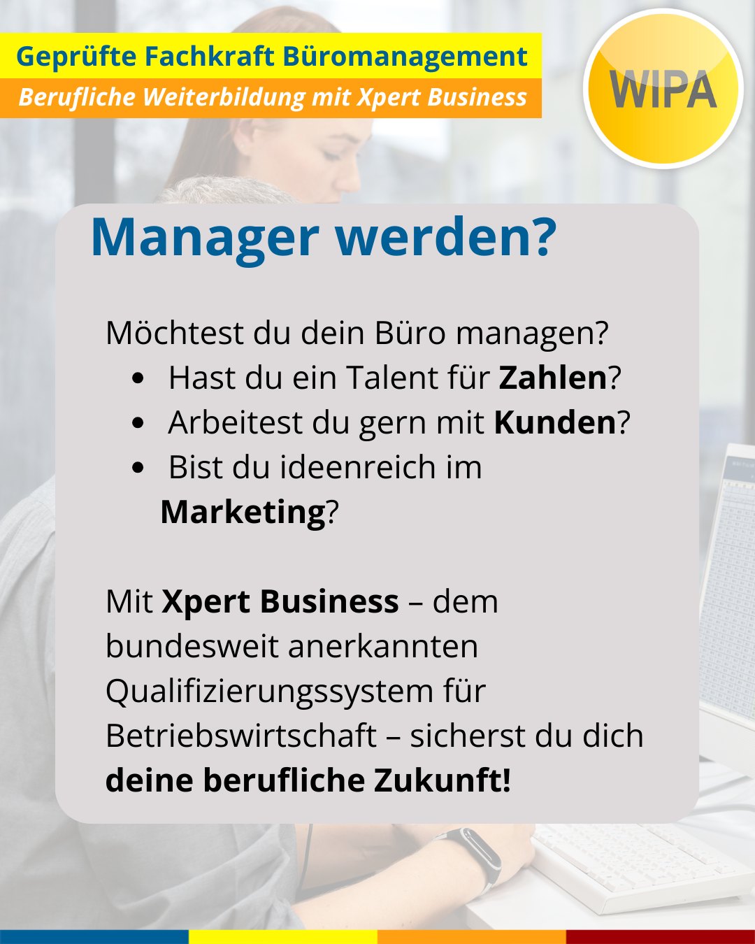 ✨ Starte deine Karriere im Büromanagement – jetzt modular & praxisnah! ✨
Du willst dein Büro professionell managen, liebst Struktur, Zahlen, Kundenkontakt und Marketing? Dann ist die Weiterbildung „Geprüfte Fachkraft Büromanagement (Xpert Business)“ bei WIPA Berlin genau dein nächster Schritt! 🚀
📚 Warum dieser Kurs?
• Bundesweit anerkanntes Xpert-Business-Zertifikat
• Praxistraining in unserer Übungsfirma (Finanzen, Personal, Marketing, Sekretariat)
• Spezialisierung in Finanzbuchhaltung, Büroorganisation & Unternehmensführung
• Top-Vorbereitung für Berufseinstieg oder beruflichen Aufstieg
• 100 % förderbar mit Bildungsgutschein (Jobcenter/Agentur für Arbeit)
📆 Kurstermine 2026:
• 09.02.2026 – 20.07.2026
• 18.05.2026 – 16.11.2026
• 31.08.2026 – 26.02.2027
• 17.11.2026 – 05.05.2027
⏰ Unterrichtszeiten:
Montag–Freitag, 08:15–15:15 Uhr
Dauer: 6 Monate (Fachkraft)
🖥️ Du lernst u. a.:
Microsoft Office (Word, Excel, PowerPoint, Outlook), Finanzbuchhaltung, Marketing/Vertrieb, Personalwesen, Warenwirtschaft, Unternehmensorganisation u. v. m.
💡 Keine Vorkenntnisse nötig – nur Motivation & Deutsch B2.
📍 WIPA Berlin – Lichtenberg
Jetzt informieren & Starttermin sichern!
📞 030 557414 24
📧 amdl@wipa-berlin.de
#Büromanagement #XpertBusiness #WeiterbildungBerlin #WIPABerlin #Finanzbuchhaltung #OfficeManagement #Bildungsgutschein #Weiterbildung2026 #KarriereStart #UmschulungBerlin #BeruflicheWeiterbildung #BerlinJobs