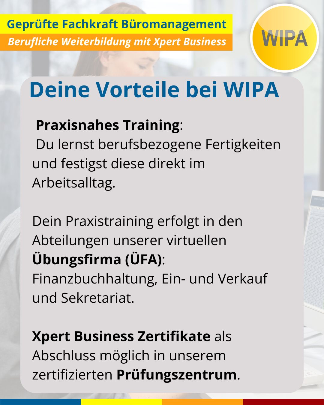 ✨ Starte deine Karriere im Büromanagement – jetzt modular & praxisnah! ✨
Du willst dein Büro professionell managen, liebst Struktur, Zahlen, Kundenkontakt und Marketing? Dann ist die Weiterbildung „Geprüfte Fachkraft Büromanagement (Xpert Business)“ bei WIPA Berlin genau dein nächster Schritt! 🚀
📚 Warum dieser Kurs?
• Bundesweit anerkanntes Xpert-Business-Zertifikat
• Praxistraining in unserer Übungsfirma (Finanzen, Personal, Marketing, Sekretariat)
• Spezialisierung in Finanzbuchhaltung, Büroorganisation & Unternehmensführung
• Top-Vorbereitung für Berufseinstieg oder beruflichen Aufstieg
• 100 % förderbar mit Bildungsgutschein (Jobcenter/Agentur für Arbeit)
📆 Kurstermine 2026:
• 09.02.2026 – 20.07.2026
• 18.05.2026 – 16.11.2026
• 31.08.2026 – 26.02.2027
• 17.11.2026 – 05.05.2027
⏰ Unterrichtszeiten:
Montag–Freitag, 08:15–15:15 Uhr
Dauer: 6 Monate (Fachkraft)
🖥️ Du lernst u. a.:
Microsoft Office (Word, Excel, PowerPoint, Outlook), Finanzbuchhaltung, Marketing/Vertrieb, Personalwesen, Warenwirtschaft, Unternehmensorganisation u. v. m.
💡 Keine Vorkenntnisse nötig – nur Motivation & Deutsch B2.
📍 WIPA Berlin – Lichtenberg
Jetzt informieren & Starttermin sichern!
📞 030 557414 24
📧 amdl@wipa-berlin.de
#Büromanagement #XpertBusiness #WeiterbildungBerlin #WIPABerlin #Finanzbuchhaltung #OfficeManagement #Bildungsgutschein #Weiterbildung2026 #KarriereStart #UmschulungBerlin #BeruflicheWeiterbildung #BerlinJobs
