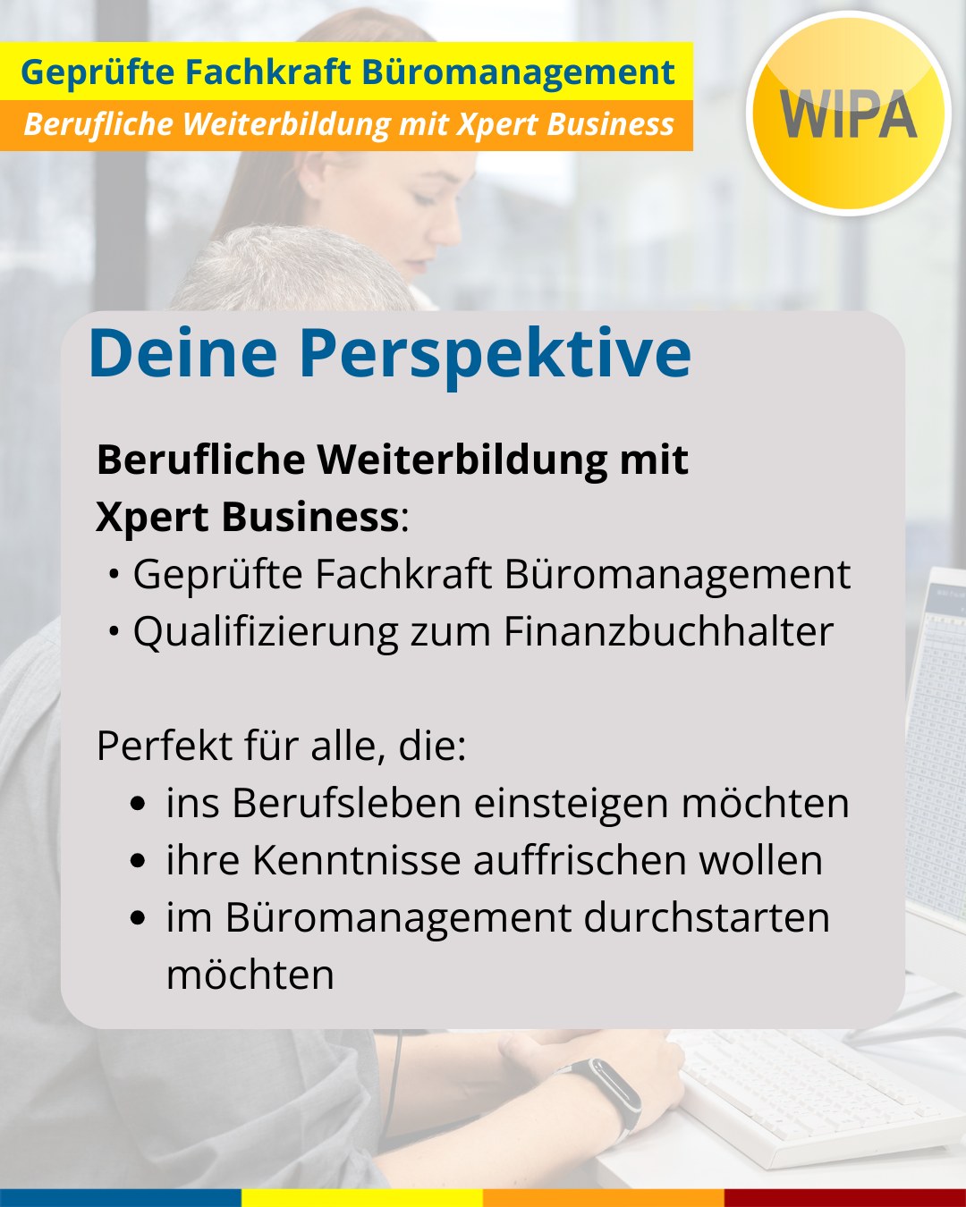 ✨ Starte deine Karriere im Büromanagement – jetzt modular & praxisnah! ✨
Du willst dein Büro professionell managen, liebst Struktur, Zahlen, Kundenkontakt und Marketing? Dann ist die Weiterbildung „Geprüfte Fachkraft Büromanagement (Xpert Business)“ bei WIPA Berlin genau dein nächster Schritt! 🚀
📚 Warum dieser Kurs?
• Bundesweit anerkanntes Xpert-Business-Zertifikat
• Praxistraining in unserer Übungsfirma (Finanzen, Personal, Marketing, Sekretariat)
• Spezialisierung in Finanzbuchhaltung, Büroorganisation & Unternehmensführung
• Top-Vorbereitung für Berufseinstieg oder beruflichen Aufstieg
• 100 % förderbar mit Bildungsgutschein (Jobcenter/Agentur für Arbeit)
📆 Kurstermine 2026:
• 09.02.2026 – 20.07.2026
• 18.05.2026 – 16.11.2026
• 31.08.2026 – 26.02.2027
• 17.11.2026 – 05.05.2027
⏰ Unterrichtszeiten:
Montag–Freitag, 08:15–15:15 Uhr
Dauer: 6 Monate (Fachkraft)
🖥️ Du lernst u. a.:
Microsoft Office (Word, Excel, PowerPoint, Outlook), Finanzbuchhaltung, Marketing/Vertrieb, Personalwesen, Warenwirtschaft, Unternehmensorganisation u. v. m.
💡 Keine Vorkenntnisse nötig – nur Motivation & Deutsch B2.
📍 WIPA Berlin – Lichtenberg
Jetzt informieren & Starttermin sichern!
📞 030 557414 24
📧 amdl@wipa-berlin.de
#Büromanagement #XpertBusiness #WeiterbildungBerlin #WIPABerlin #Finanzbuchhaltung #OfficeManagement #Bildungsgutschein #Weiterbildung2026 #KarriereStart #UmschulungBerlin #BeruflicheWeiterbildung #BerlinJobs