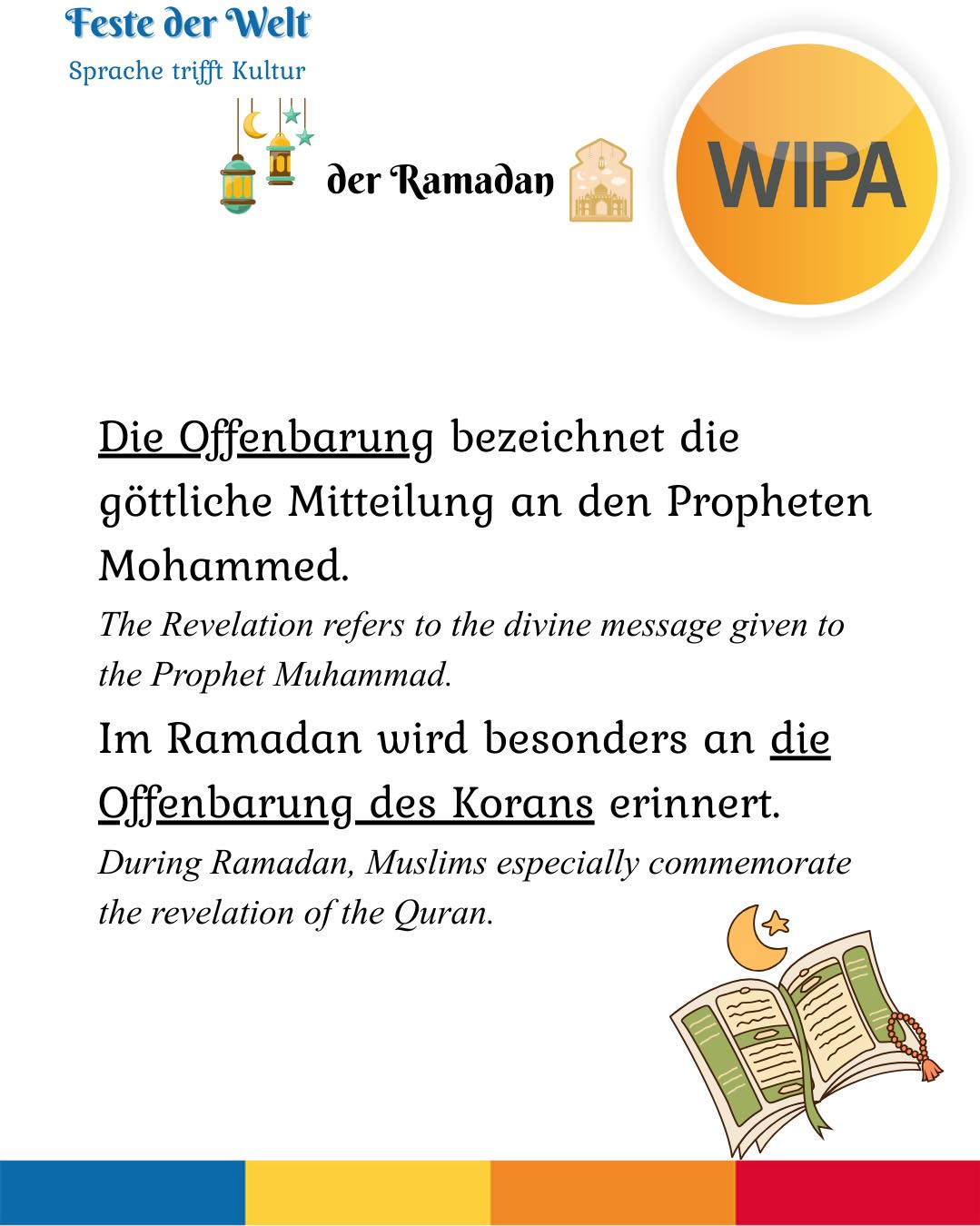 Der Ramadan ist mehr als nur das Fasten. 🌙
Muslime fasten von Sonnenaufgang bis Sonnenuntergang und verzichten bewusst auf Essen und Trinken. Der Beginn wird durch den Mondkalender bestimmt – deshalb findet der Ramadan jedes Jahr zu einem anderen Datum statt.
Das Fasten erinnert an die Offenbarung des Korans, stärkt die Spiritualität und motiviert viele dazu, zusätzliche Gebete zu verrichten.
Am Abend trifft man sich zum Iftar, um gemeinsam das Fasten zu brechen. Dieses gemeinsame Essen stärkt den Zusammenhalt und die Gemeinschaft.
In Deutschland ist der Ramadan Teil religiöser Vielfalt. Integration bedeutet hier auch, im Alltag Rücksicht zu nehmen und Verständnis zu zeigen.
💬 Wie kann man im Arbeits- oder Schulalltag respektvoll mit dem Fasten umgehen?
____
Ramadan is more than just fasting. 🌙
Muslims fast from sunrise to sunset and consciously refrain from food and drink. The beginning is determined by the lunar calendar, which is why Ramadan starts on a different date each year.
Fasting commemorates the revelation of the Quran, strengthens spirituality, and encourages many to perform additional prayers.
In the evening, people gather for Iftar to break the fast together. This shared meal strengthens cohesion and community.
In Germany, Ramadan is part of religious diversity. Integration also means showing consideration and understanding in everyday life.
💬 How can we respectfully support colleagues or classmates who are fasting?
#Ramadan #DasFasten #SpracheUndKultur #Integration #FesteDerWelt #Wortschatzlernen #Deutschlernen #Fasting #LearnGerman #InterculturalLearning