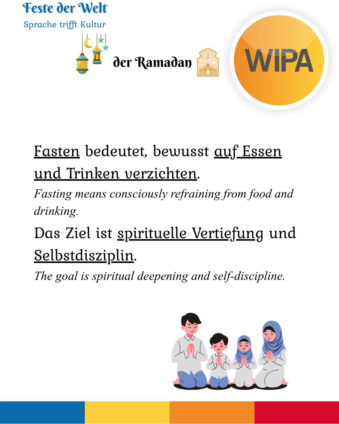 Der Ramadan ist mehr als nur das Fasten. 🌙
Muslime fasten von Sonnenaufgang bis Sonnenuntergang und verzichten bewusst auf Essen und Trinken. Der Beginn wird durch den Mondkalender bestimmt – deshalb findet der Ramadan jedes Jahr zu einem anderen Datum statt.
Das Fasten erinnert an die Offenbarung des Korans, stärkt die Spiritualität und motiviert viele dazu, zusätzliche Gebete zu verrichten.
Am Abend trifft man sich zum Iftar, um gemeinsam das Fasten zu brechen. Dieses gemeinsame Essen stärkt den Zusammenhalt und die Gemeinschaft.
In Deutschland ist der Ramadan Teil religiöser Vielfalt. Integration bedeutet hier auch, im Alltag Rücksicht zu nehmen und Verständnis zu zeigen.
💬 Wie kann man im Arbeits- oder Schulalltag respektvoll mit dem Fasten umgehen?
____
Ramadan is more than just fasting. 🌙
Muslims fast from sunrise to sunset and consciously refrain from food and drink. The beginning is determined by the lunar calendar, which is why Ramadan starts on a different date each year.
Fasting commemorates the revelation of the Quran, strengthens spirituality, and encourages many to perform additional prayers.
In the evening, people gather for Iftar to break the fast together. This shared meal strengthens cohesion and community.
In Germany, Ramadan is part of religious diversity. Integration also means showing consideration and understanding in everyday life.
💬 How can we respectfully support colleagues or classmates who are fasting?
#Ramadan #DasFasten #SpracheUndKultur #Integration #FesteDerWelt #Wortschatzlernen #Deutschlernen #Fasting #LearnGerman #InterculturalLearning