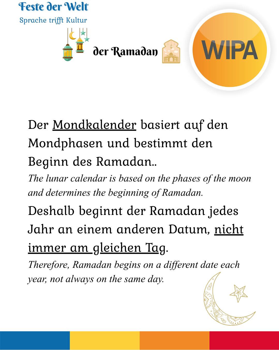 Der Ramadan ist mehr als nur das Fasten. 🌙
Muslime fasten von Sonnenaufgang bis Sonnenuntergang und verzichten bewusst auf Essen und Trinken. Der Beginn wird durch den Mondkalender bestimmt – deshalb findet der Ramadan jedes Jahr zu einem anderen Datum statt.
Das Fasten erinnert an die Offenbarung des Korans, stärkt die Spiritualität und motiviert viele dazu, zusätzliche Gebete zu verrichten.
Am Abend trifft man sich zum Iftar, um gemeinsam das Fasten zu brechen. Dieses gemeinsame Essen stärkt den Zusammenhalt und die Gemeinschaft.
In Deutschland ist der Ramadan Teil religiöser Vielfalt. Integration bedeutet hier auch, im Alltag Rücksicht zu nehmen und Verständnis zu zeigen.
💬 Wie kann man im Arbeits- oder Schulalltag respektvoll mit dem Fasten umgehen?
____
Ramadan is more than just fasting. 🌙
Muslims fast from sunrise to sunset and consciously refrain from food and drink. The beginning is determined by the lunar calendar, which is why Ramadan starts on a different date each year.
Fasting commemorates the revelation of the Quran, strengthens spirituality, and encourages many to perform additional prayers.
In the evening, people gather for Iftar to break the fast together. This shared meal strengthens cohesion and community.
In Germany, Ramadan is part of religious diversity. Integration also means showing consideration and understanding in everyday life.
💬 How can we respectfully support colleagues or classmates who are fasting?
#Ramadan #DasFasten #SpracheUndKultur #Integration #FesteDerWelt #Wortschatzlernen #Deutschlernen #Fasting #LearnGerman #InterculturalLearning