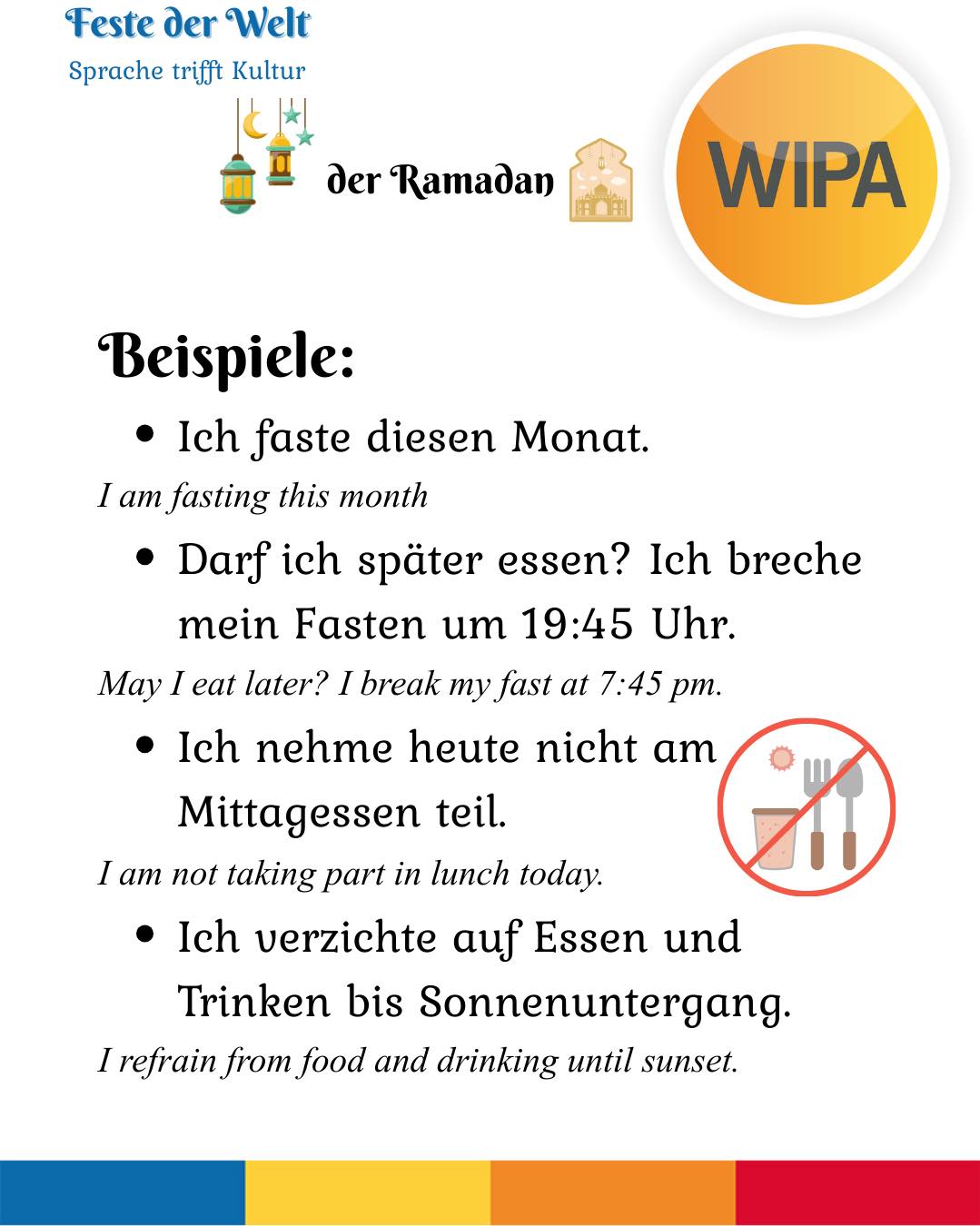 Der Ramadan ist mehr als nur das Fasten. 🌙
Muslime fasten von Sonnenaufgang bis Sonnenuntergang und verzichten bewusst auf Essen und Trinken. Der Beginn wird durch den Mondkalender bestimmt – deshalb findet der Ramadan jedes Jahr zu einem anderen Datum statt.
Das Fasten erinnert an die Offenbarung des Korans, stärkt die Spiritualität und motiviert viele dazu, zusätzliche Gebete zu verrichten.
Am Abend trifft man sich zum Iftar, um gemeinsam das Fasten zu brechen. Dieses gemeinsame Essen stärkt den Zusammenhalt und die Gemeinschaft.
In Deutschland ist der Ramadan Teil religiöser Vielfalt. Integration bedeutet hier auch, im Alltag Rücksicht zu nehmen und Verständnis zu zeigen.
💬 Wie kann man im Arbeits- oder Schulalltag respektvoll mit dem Fasten umgehen?
____
Ramadan is more than just fasting. 🌙
Muslims fast from sunrise to sunset and consciously refrain from food and drink. The beginning is determined by the lunar calendar, which is why Ramadan starts on a different date each year.
Fasting commemorates the revelation of the Quran, strengthens spirituality, and encourages many to perform additional prayers.
In the evening, people gather for Iftar to break the fast together. This shared meal strengthens cohesion and community.
In Germany, Ramadan is part of religious diversity. Integration also means showing consideration and understanding in everyday life.
💬 How can we respectfully support colleagues or classmates who are fasting?
#Ramadan #DasFasten #SpracheUndKultur #Integration #FesteDerWelt #Wortschatzlernen #Deutschlernen #Fasting #LearnGerman #InterculturalLearning