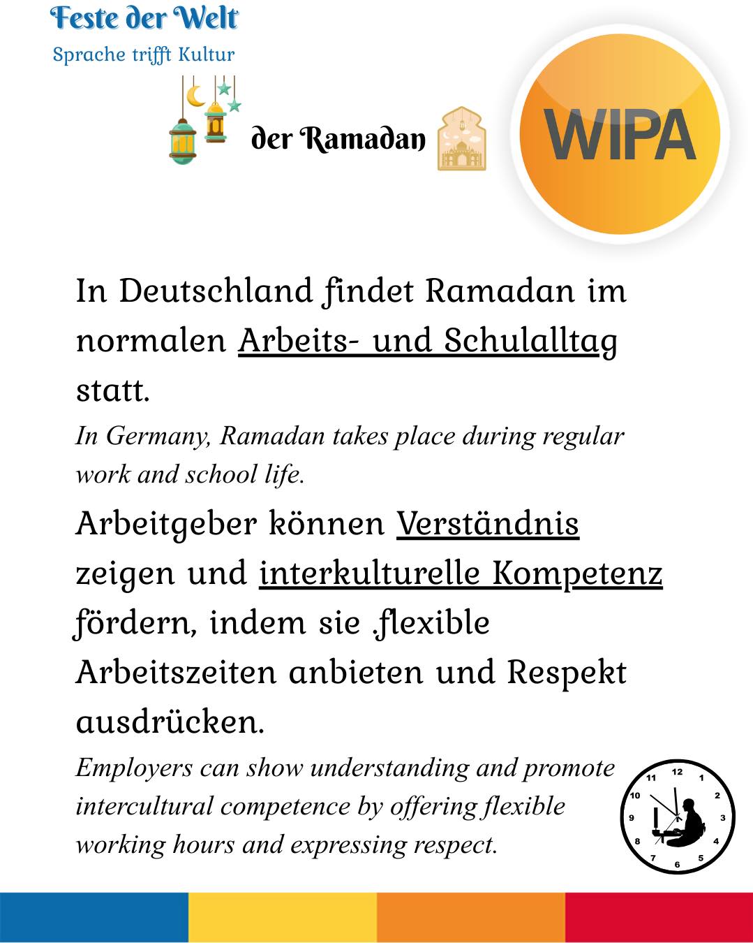Der Ramadan ist mehr als nur das Fasten. 🌙
Muslime fasten von Sonnenaufgang bis Sonnenuntergang und verzichten bewusst auf Essen und Trinken. Der Beginn wird durch den Mondkalender bestimmt – deshalb findet der Ramadan jedes Jahr zu einem anderen Datum statt.
Das Fasten erinnert an die Offenbarung des Korans, stärkt die Spiritualität und motiviert viele dazu, zusätzliche Gebete zu verrichten.
Am Abend trifft man sich zum Iftar, um gemeinsam das Fasten zu brechen. Dieses gemeinsame Essen stärkt den Zusammenhalt und die Gemeinschaft.
In Deutschland ist der Ramadan Teil religiöser Vielfalt. Integration bedeutet hier auch, im Alltag Rücksicht zu nehmen und Verständnis zu zeigen.
💬 Wie kann man im Arbeits- oder Schulalltag respektvoll mit dem Fasten umgehen?
____
Ramadan is more than just fasting. 🌙
Muslims fast from sunrise to sunset and consciously refrain from food and drink. The beginning is determined by the lunar calendar, which is why Ramadan starts on a different date each year.
Fasting commemorates the revelation of the Quran, strengthens spirituality, and encourages many to perform additional prayers.
In the evening, people gather for Iftar to break the fast together. This shared meal strengthens cohesion and community.
In Germany, Ramadan is part of religious diversity. Integration also means showing consideration and understanding in everyday life.
💬 How can we respectfully support colleagues or classmates who are fasting?
#Ramadan #DasFasten #SpracheUndKultur #Integration #FesteDerWelt #Wortschatzlernen #Deutschlernen #Fasting #LearnGerman #InterculturalLearning