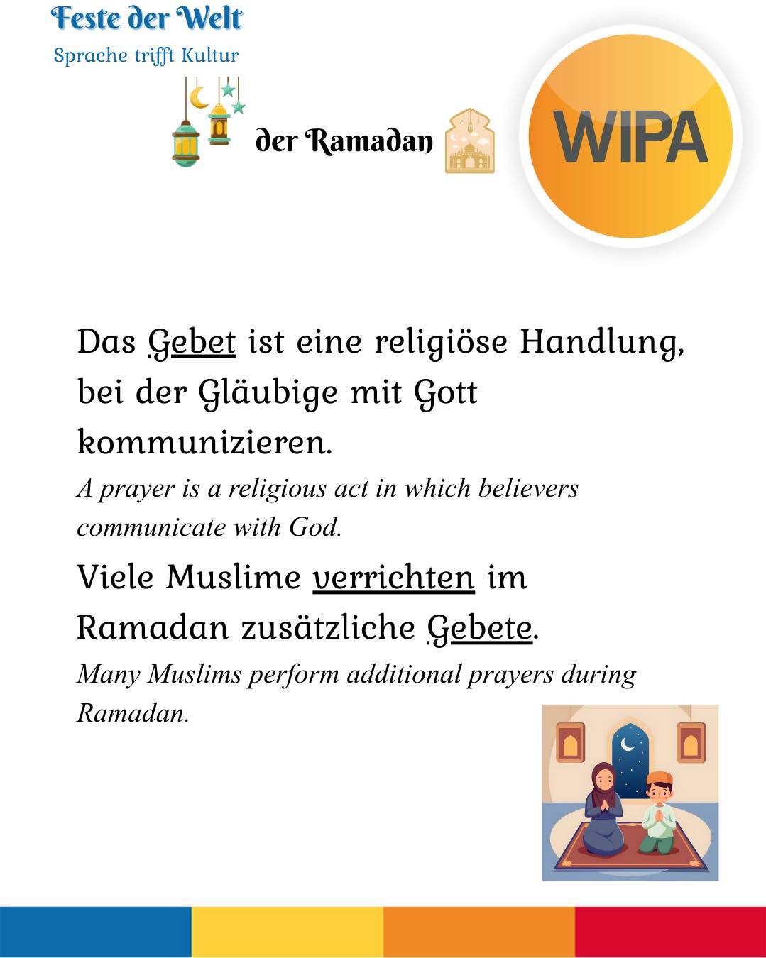 Der Ramadan ist mehr als nur das Fasten. 🌙
Muslime fasten von Sonnenaufgang bis Sonnenuntergang und verzichten bewusst auf Essen und Trinken. Der Beginn wird durch den Mondkalender bestimmt – deshalb findet der Ramadan jedes Jahr zu einem anderen Datum statt.
Das Fasten erinnert an die Offenbarung des Korans, stärkt die Spiritualität und motiviert viele dazu, zusätzliche Gebete zu verrichten.
Am Abend trifft man sich zum Iftar, um gemeinsam das Fasten zu brechen. Dieses gemeinsame Essen stärkt den Zusammenhalt und die Gemeinschaft.
In Deutschland ist der Ramadan Teil religiöser Vielfalt. Integration bedeutet hier auch, im Alltag Rücksicht zu nehmen und Verständnis zu zeigen.
💬 Wie kann man im Arbeits- oder Schulalltag respektvoll mit dem Fasten umgehen?
____
Ramadan is more than just fasting. 🌙
Muslims fast from sunrise to sunset and consciously refrain from food and drink. The beginning is determined by the lunar calendar, which is why Ramadan starts on a different date each year.
Fasting commemorates the revelation of the Quran, strengthens spirituality, and encourages many to perform additional prayers.
In the evening, people gather for Iftar to break the fast together. This shared meal strengthens cohesion and community.
In Germany, Ramadan is part of religious diversity. Integration also means showing consideration and understanding in everyday life.
💬 How can we respectfully support colleagues or classmates who are fasting?
#Ramadan #DasFasten #SpracheUndKultur #Integration #FesteDerWelt #Wortschatzlernen #Deutschlernen #Fasting #LearnGerman #InterculturalLearning