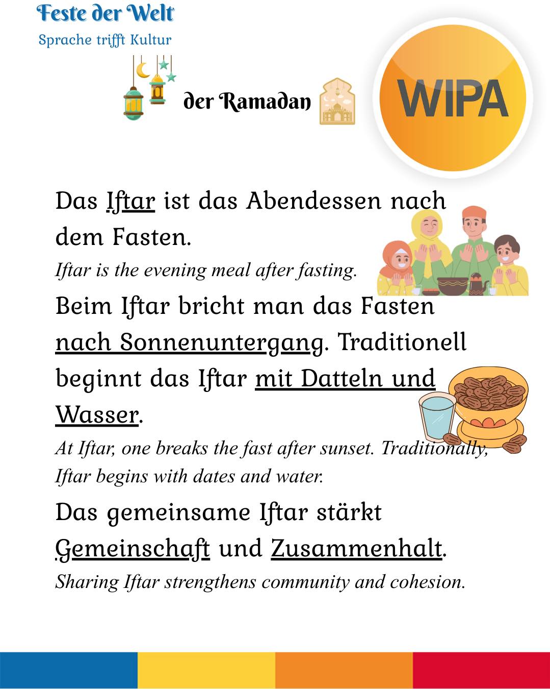 Der Ramadan ist mehr als nur das Fasten. 🌙
Muslime fasten von Sonnenaufgang bis Sonnenuntergang und verzichten bewusst auf Essen und Trinken. Der Beginn wird durch den Mondkalender bestimmt – deshalb findet der Ramadan jedes Jahr zu einem anderen Datum statt.
Das Fasten erinnert an die Offenbarung des Korans, stärkt die Spiritualität und motiviert viele dazu, zusätzliche Gebete zu verrichten.
Am Abend trifft man sich zum Iftar, um gemeinsam das Fasten zu brechen. Dieses gemeinsame Essen stärkt den Zusammenhalt und die Gemeinschaft.
In Deutschland ist der Ramadan Teil religiöser Vielfalt. Integration bedeutet hier auch, im Alltag Rücksicht zu nehmen und Verständnis zu zeigen.
💬 Wie kann man im Arbeits- oder Schulalltag respektvoll mit dem Fasten umgehen?
____
Ramadan is more than just fasting. 🌙
Muslims fast from sunrise to sunset and consciously refrain from food and drink. The beginning is determined by the lunar calendar, which is why Ramadan starts on a different date each year.
Fasting commemorates the revelation of the Quran, strengthens spirituality, and encourages many to perform additional prayers.
In the evening, people gather for Iftar to break the fast together. This shared meal strengthens cohesion and community.
In Germany, Ramadan is part of religious diversity. Integration also means showing consideration and understanding in everyday life.
💬 How can we respectfully support colleagues or classmates who are fasting?
#Ramadan #DasFasten #SpracheUndKultur #Integration #FesteDerWelt #Wortschatzlernen #Deutschlernen #Fasting #LearnGerman #InterculturalLearning