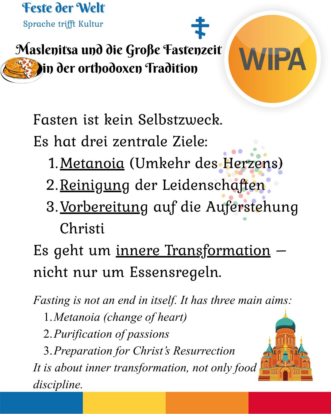 🕯️ Die Große Fastenzeit beginnt am 23. Februar 2026 (Reiner Montag / Clean Monday).
In der orthodoxen Tradition ist sie mehr als ein Essensverzicht.
Sie ist eine Zeit von Gebet, Fasten und Almosen, von Metanoia (Umkehr), Vergebung, Askese und innerer Transformation.
Die Woche davor – Maslenitsa (Cheesefare Week) – bereitet den Übergang vom Fest zur bewussten Reduktion vor.
Mit dem Vergebungssonntag beginnt der Weg mit einem gereinigten Herzen.
Fasten bedeutet:
Nicht Strafe – sondern geistliche Erneuerung.
Nicht nur Verzicht – sondern bewusste Hinwendung zu Gott.
Was bedeutet Verzicht für dich persönlich?
⸻
🕯️ Great Lent begins on February 23, 2026 (Clean Monday).
In the Orthodox tradition, it is more than food discipline.
It is a season of prayer, fasting and almsgiving, of metanoia (repentance), forgiveness, ascetic practice, and inner transformation.
The preceding week – Maslenitsa – marks the transition from celebration to conscious restraint.
With Forgiveness Sunday, Lent begins with a purified heart.
Fasting means:
Not punishment – but spiritual renewal.
Not only abstinence – but intentional return to God.
What does renunciation mean to you?
#OrthodoxChurch #GreatLent #CleanMonday #ReinerMontag #Maslenitsa #CheesefareWeek #ForgivenessSunday #Metanoia #Fasting #Prayer #Almsgiving #Askese #Transformation #SpiritualLife