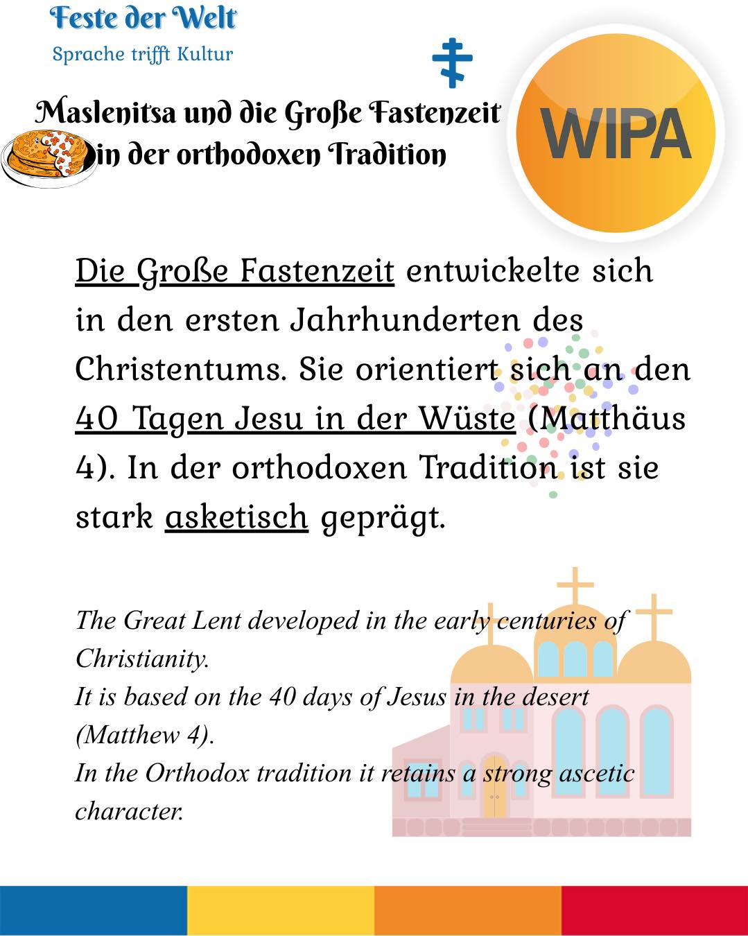 🕯️ Die Große Fastenzeit beginnt am 23. Februar 2026 (Reiner Montag / Clean Monday).
In der orthodoxen Tradition ist sie mehr als ein Essensverzicht.
Sie ist eine Zeit von Gebet, Fasten und Almosen, von Metanoia (Umkehr), Vergebung, Askese und innerer Transformation.
Die Woche davor – Maslenitsa (Cheesefare Week) – bereitet den Übergang vom Fest zur bewussten Reduktion vor.
Mit dem Vergebungssonntag beginnt der Weg mit einem gereinigten Herzen.
Fasten bedeutet:
Nicht Strafe – sondern geistliche Erneuerung.
Nicht nur Verzicht – sondern bewusste Hinwendung zu Gott.
Was bedeutet Verzicht für dich persönlich?
⸻
🕯️ Great Lent begins on February 23, 2026 (Clean Monday).
In the Orthodox tradition, it is more than food discipline.
It is a season of prayer, fasting and almsgiving, of metanoia (repentance), forgiveness, ascetic practice, and inner transformation.
The preceding week – Maslenitsa – marks the transition from celebration to conscious restraint.
With Forgiveness Sunday, Lent begins with a purified heart.
Fasting means:
Not punishment – but spiritual renewal.
Not only abstinence – but intentional return to God.
What does renunciation mean to you?
#OrthodoxChurch #GreatLent #CleanMonday #ReinerMontag #Maslenitsa #CheesefareWeek #ForgivenessSunday #Metanoia #Fasting #Prayer #Almsgiving #Askese #Transformation #SpiritualLife