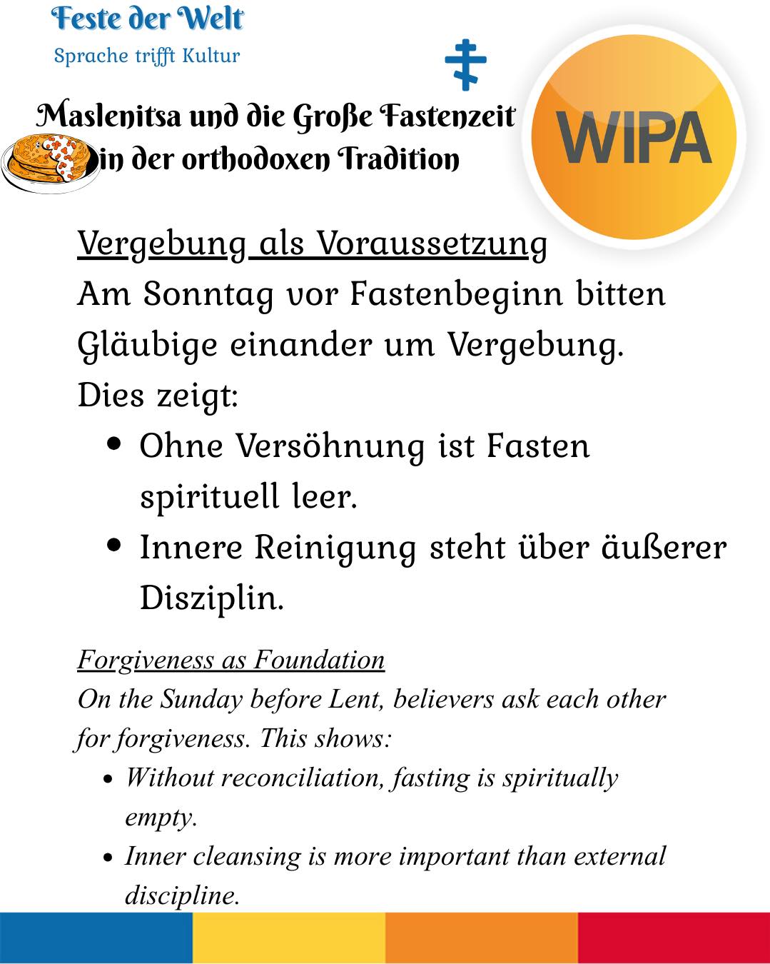 🕯️ Die Große Fastenzeit beginnt am 23. Februar 2026 (Reiner Montag / Clean Monday).
In der orthodoxen Tradition ist sie mehr als ein Essensverzicht.
Sie ist eine Zeit von Gebet, Fasten und Almosen, von Metanoia (Umkehr), Vergebung, Askese und innerer Transformation.
Die Woche davor – Maslenitsa (Cheesefare Week) – bereitet den Übergang vom Fest zur bewussten Reduktion vor.
Mit dem Vergebungssonntag beginnt der Weg mit einem gereinigten Herzen.
Fasten bedeutet:
Nicht Strafe – sondern geistliche Erneuerung.
Nicht nur Verzicht – sondern bewusste Hinwendung zu Gott.
Was bedeutet Verzicht für dich persönlich?
⸻
🕯️ Great Lent begins on February 23, 2026 (Clean Monday).
In the Orthodox tradition, it is more than food discipline.
It is a season of prayer, fasting and almsgiving, of metanoia (repentance), forgiveness, ascetic practice, and inner transformation.
The preceding week – Maslenitsa – marks the transition from celebration to conscious restraint.
With Forgiveness Sunday, Lent begins with a purified heart.
Fasting means:
Not punishment – but spiritual renewal.
Not only abstinence – but intentional return to God.
What does renunciation mean to you?
#OrthodoxChurch #GreatLent #CleanMonday #ReinerMontag #Maslenitsa #CheesefareWeek #ForgivenessSunday #Metanoia #Fasting #Prayer #Almsgiving #Askese #Transformation #SpiritualLife