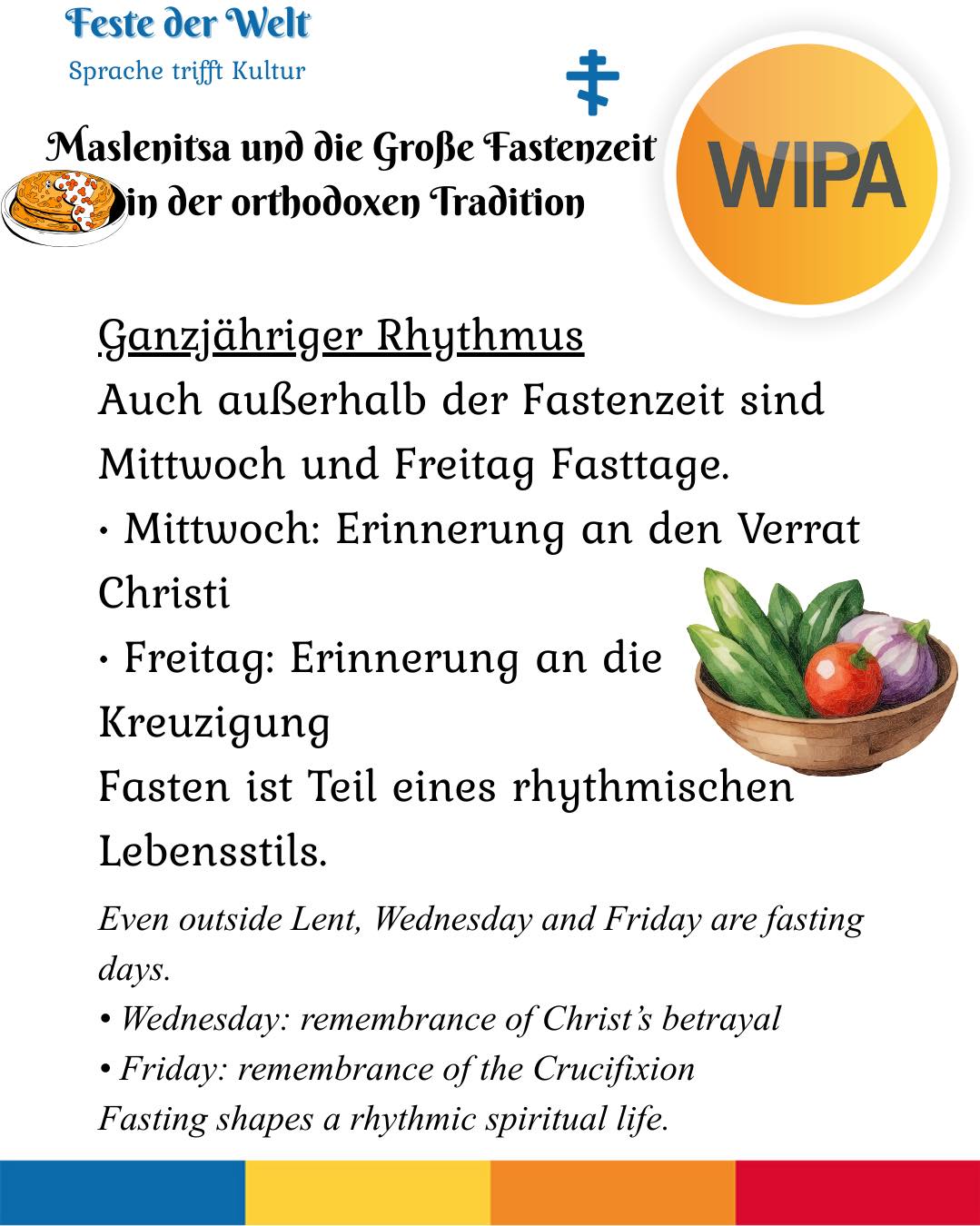 🕯️ Die Große Fastenzeit beginnt am 23. Februar 2026 (Reiner Montag / Clean Monday).
In der orthodoxen Tradition ist sie mehr als ein Essensverzicht.
Sie ist eine Zeit von Gebet, Fasten und Almosen, von Metanoia (Umkehr), Vergebung, Askese und innerer Transformation.
Die Woche davor – Maslenitsa (Cheesefare Week) – bereitet den Übergang vom Fest zur bewussten Reduktion vor.
Mit dem Vergebungssonntag beginnt der Weg mit einem gereinigten Herzen.
Fasten bedeutet:
Nicht Strafe – sondern geistliche Erneuerung.
Nicht nur Verzicht – sondern bewusste Hinwendung zu Gott.
Was bedeutet Verzicht für dich persönlich?
⸻
🕯️ Great Lent begins on February 23, 2026 (Clean Monday).
In the Orthodox tradition, it is more than food discipline.
It is a season of prayer, fasting and almsgiving, of metanoia (repentance), forgiveness, ascetic practice, and inner transformation.
The preceding week – Maslenitsa – marks the transition from celebration to conscious restraint.
With Forgiveness Sunday, Lent begins with a purified heart.
Fasting means:
Not punishment – but spiritual renewal.
Not only abstinence – but intentional return to God.
What does renunciation mean to you?
#OrthodoxChurch #GreatLent #CleanMonday #ReinerMontag #Maslenitsa #CheesefareWeek #ForgivenessSunday #Metanoia #Fasting #Prayer #Almsgiving #Askese #Transformation #SpiritualLife
