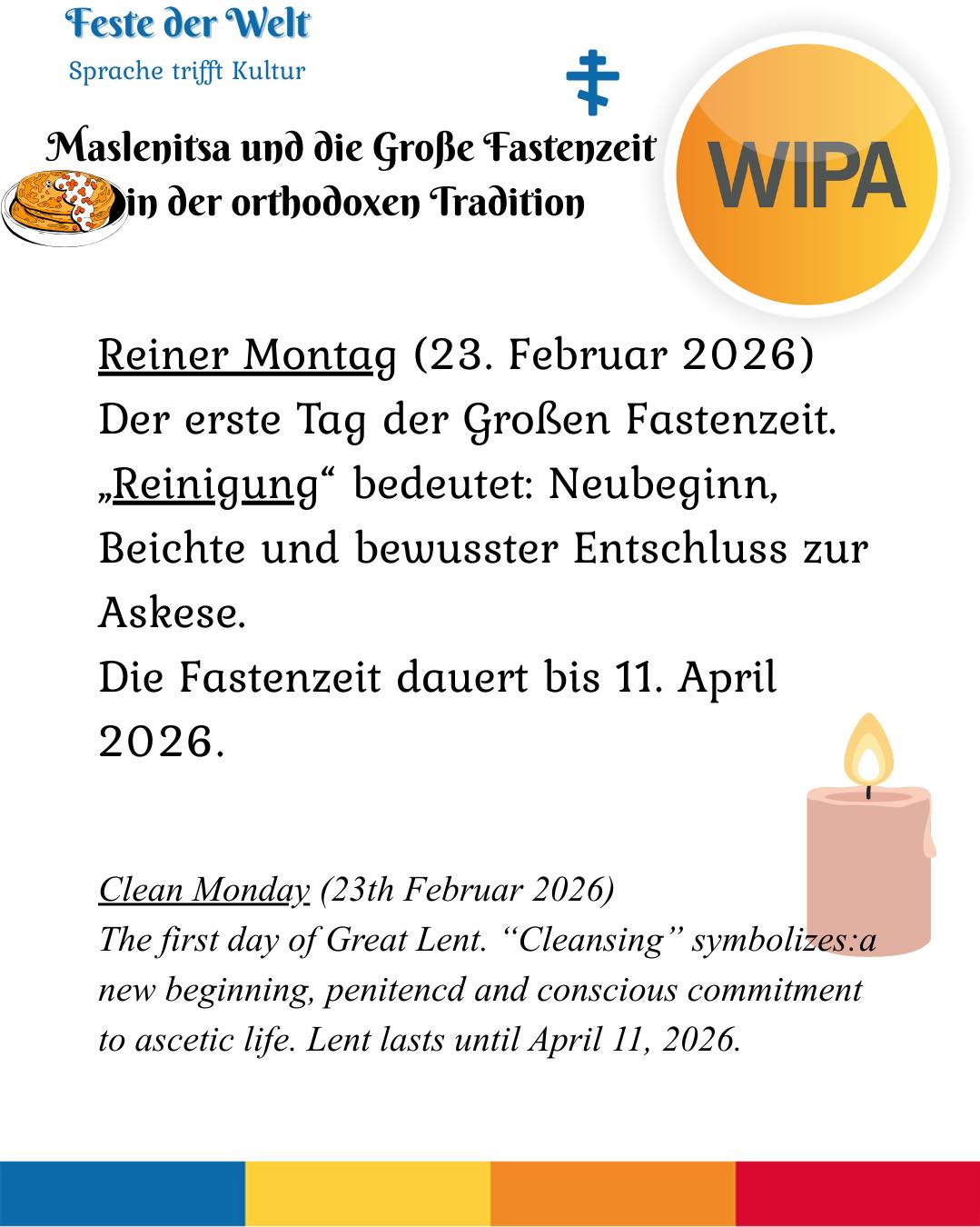 🕯️ Die Große Fastenzeit beginnt am 23. Februar 2026 (Reiner Montag / Clean Monday).
In der orthodoxen Tradition ist sie mehr als ein Essensverzicht.
Sie ist eine Zeit von Gebet, Fasten und Almosen, von Metanoia (Umkehr), Vergebung, Askese und innerer Transformation.
Die Woche davor – Maslenitsa (Cheesefare Week) – bereitet den Übergang vom Fest zur bewussten Reduktion vor.
Mit dem Vergebungssonntag beginnt der Weg mit einem gereinigten Herzen.
Fasten bedeutet:
Nicht Strafe – sondern geistliche Erneuerung.
Nicht nur Verzicht – sondern bewusste Hinwendung zu Gott.
Was bedeutet Verzicht für dich persönlich?
⸻
🕯️ Great Lent begins on February 23, 2026 (Clean Monday).
In the Orthodox tradition, it is more than food discipline.
It is a season of prayer, fasting and almsgiving, of metanoia (repentance), forgiveness, ascetic practice, and inner transformation.
The preceding week – Maslenitsa – marks the transition from celebration to conscious restraint.
With Forgiveness Sunday, Lent begins with a purified heart.
Fasting means:
Not punishment – but spiritual renewal.
Not only abstinence – but intentional return to God.
What does renunciation mean to you?
#OrthodoxChurch #GreatLent #CleanMonday #ReinerMontag #Maslenitsa #CheesefareWeek #ForgivenessSunday #Metanoia #Fasting #Prayer #Almsgiving #Askese #Transformation #SpiritualLife
