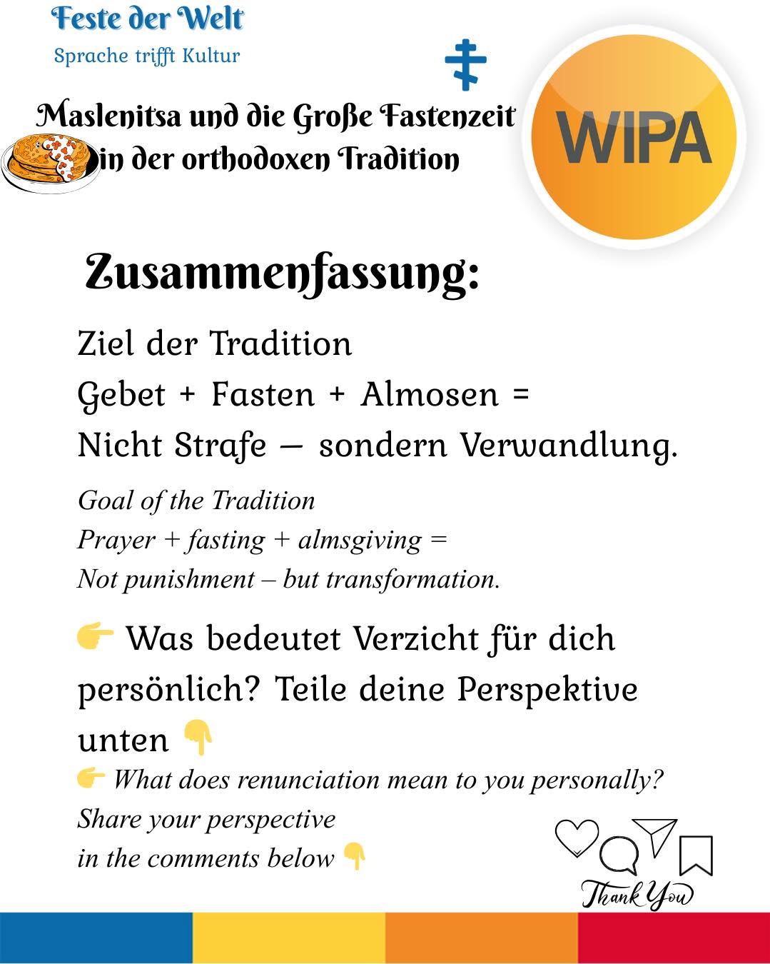 🕯️ Die Große Fastenzeit beginnt am 23. Februar 2026 (Reiner Montag / Clean Monday).
In der orthodoxen Tradition ist sie mehr als ein Essensverzicht.
Sie ist eine Zeit von Gebet, Fasten und Almosen, von Metanoia (Umkehr), Vergebung, Askese und innerer Transformation.
Die Woche davor – Maslenitsa (Cheesefare Week) – bereitet den Übergang vom Fest zur bewussten Reduktion vor.
Mit dem Vergebungssonntag beginnt der Weg mit einem gereinigten Herzen.
Fasten bedeutet:
Nicht Strafe – sondern geistliche Erneuerung.
Nicht nur Verzicht – sondern bewusste Hinwendung zu Gott.
Was bedeutet Verzicht für dich persönlich?
⸻
🕯️ Great Lent begins on February 23, 2026 (Clean Monday).
In the Orthodox tradition, it is more than food discipline.
It is a season of prayer, fasting and almsgiving, of metanoia (repentance), forgiveness, ascetic practice, and inner transformation.
The preceding week – Maslenitsa – marks the transition from celebration to conscious restraint.
With Forgiveness Sunday, Lent begins with a purified heart.
Fasting means:
Not punishment – but spiritual renewal.
Not only abstinence – but intentional return to God.
What does renunciation mean to you?
#OrthodoxChurch #GreatLent #CleanMonday #ReinerMontag #Maslenitsa #CheesefareWeek #ForgivenessSunday #Metanoia #Fasting #Prayer #Almsgiving #Askese #Transformation #SpiritualLife