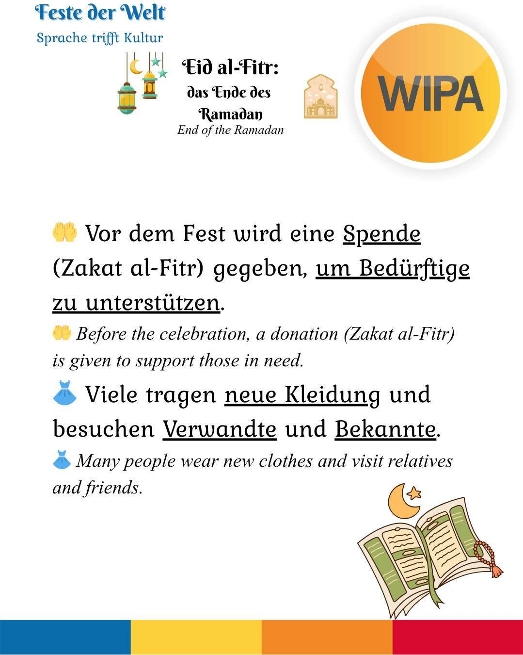 🌙 Eid al-Fitr – das Fest des Fastenbrechens
Nach einem Monat des Fastens, der Reflexion und des Gebets beginnt ein besonderer Moment: Eid al-Fitr. 🕌✨
Dieses wichtige islamische Fest steht für Gemeinschaft, Dankbarkeit und Neubeginn.
👨👩👧👦 Familien kommen zusammen,
🍽️ es wird gemeinsam gegessen,
🤲 es wird gespendet (Zakat al-Fitr),
✨ und man wünscht sich: Eid Mubarak!
Wusstest du? 👇
👉 Eid al-Fitr wird im Deutschen oft „Zuckerfest“ genannt – wegen der vielen Süßspeisen 🍬 (umgangssprachlich).
💬 Wie feierst du Eid al-Fitr? Schreib es in die Kommentare!
⸻
🌙 Eid al-Fitr – the festival of breaking the fast
After a month of fasting, reflection, and prayer, a special moment begins: Eid al-Fitr. 🕌✨
This important Islamic holiday stands for community, gratitude, and new beginnings.
👨👩👧👦 Families come together,
🍽️ people share meals,
🤲 charity is given (Zakat al-Fitr),
✨ and people say: Eid Mubarak!
Did you know? 👇
👉 Eid al-Fitr is often called the “Sugar Festival” in German because of the many sweets 🍬 (colloquial).
💬 How do you celebrate Eid al-Fitr? Tell us in the comments!
⸻
#eidmubarak #eid2026 #ramadan #ramadan2026 #eidalfir #islam #muslimcommunity #zuckerfest #festdesfastenbrechens #community #kultur #interkulturell #berlin #berlinlife #lernen #deutschlernen #learngerman #englishlearning #sprachschule #wipaberlin #education #languagelearning #multilingual #integration #diversity #culture