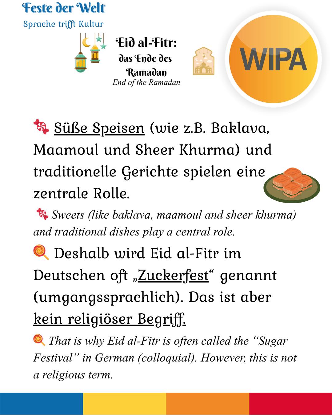 🌙 Eid al-Fitr – das Fest des Fastenbrechens
Nach einem Monat des Fastens, der Reflexion und des Gebets beginnt ein besonderer Moment: Eid al-Fitr. 🕌✨
Dieses wichtige islamische Fest steht für Gemeinschaft, Dankbarkeit und Neubeginn.
👨👩👧👦 Familien kommen zusammen,
🍽️ es wird gemeinsam gegessen,
🤲 es wird gespendet (Zakat al-Fitr),
✨ und man wünscht sich: Eid Mubarak!
Wusstest du? 👇
👉 Eid al-Fitr wird im Deutschen oft „Zuckerfest“ genannt – wegen der vielen Süßspeisen 🍬 (umgangssprachlich).
💬 Wie feierst du Eid al-Fitr? Schreib es in die Kommentare!
⸻
🌙 Eid al-Fitr – the festival of breaking the fast
After a month of fasting, reflection, and prayer, a special moment begins: Eid al-Fitr. 🕌✨
This important Islamic holiday stands for community, gratitude, and new beginnings.
👨👩👧👦 Families come together,
🍽️ people share meals,
🤲 charity is given (Zakat al-Fitr),
✨ and people say: Eid Mubarak!
Did you know? 👇
👉 Eid al-Fitr is often called the “Sugar Festival” in German because of the many sweets 🍬 (colloquial).
💬 How do you celebrate Eid al-Fitr? Tell us in the comments!
⸻
#eidmubarak #eid2026 #ramadan #ramadan2026 #eidalfir #islam #muslimcommunity #zuckerfest #festdesfastenbrechens #community #kultur #interkulturell #berlin #berlinlife #lernen #deutschlernen #learngerman #englishlearning #sprachschule #wipaberlin #education #languagelearning #multilingual #integration #diversity #culture