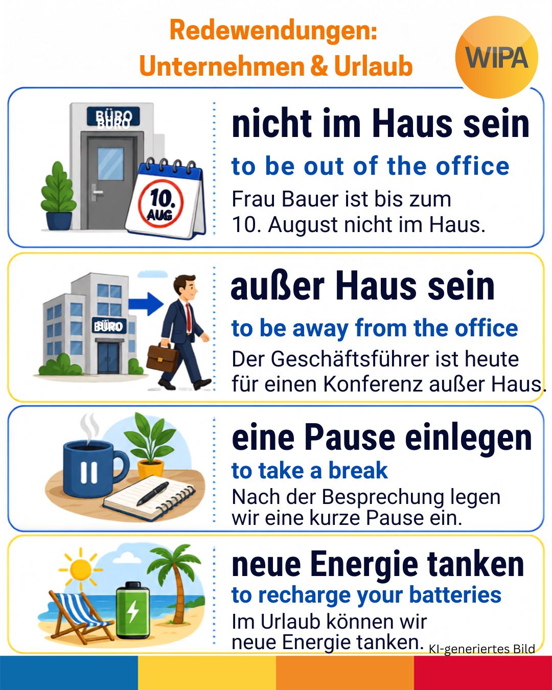 🏢 Unsere ÜFA macht Urlaub! ☀️
Die ÜFA – unsere Übungsfirma – ist ein fiktives, aber realitätsnahes kaufmännisches Unternehmen. Sie ist ein wichtiger Bestandteil unserer Modularen kaufmännischen Weiterbildung mit digitalen Kompetenzen für den modernen Büroalltag (MKW+).
In der ÜFA kannst du theoretisches Wissen direkt in die Praxis umsetzen: Du bearbeitest typische kaufmännische Aufgaben, schreibst Geschäftsbriefe und E-Mails, erstellst Angebote und Rechnungen und lernst verschiedene Abläufe in einem Unternehmen kennen. Dabei wirst du von unseren erfahrenen Lehrkräften unterstützt.
Doch wie jedes Unternehmen braucht auch unsere ÜFA einmal eine Pause. 😉
🌴 Nächste Woche haben wir Betriebsferien.
📅 Ab dem 10. August sind wir wieder für dich da!
Kontakte:
📧amdl@wipa-berlin.de
☎ 030 557414 24
📍Möllendroffstraße 48
10367 Berlin
2. Etage, Raum 201
Passend dazu lernst du heute einige wichtige Vokabeln und Redewendungen rund um die Themen Unternehmen, Büro und Urlaubszeit.
Welche Redewendung kanntest du schon? Schreib es uns in die Kommentare! 👇
#Übungsfirma #KaufmännischeWeiterbildung #DeutschImBeruf #BüroDeutsch #Bildungsgutschein