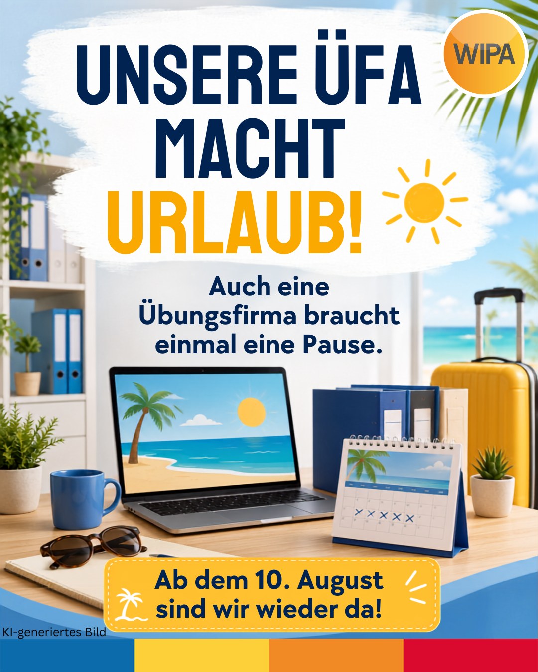 🏢 Unsere ÜFA macht Urlaub! ☀️
Die ÜFA – unsere Übungsfirma – ist ein fiktives, aber realitätsnahes kaufmännisches Unternehmen. Sie ist ein wichtiger Bestandteil unserer Modularen kaufmännischen Weiterbildung mit digitalen Kompetenzen für den modernen Büroalltag (MKW+).
In der ÜFA kannst du theoretisches Wissen direkt in die Praxis umsetzen: Du bearbeitest typische kaufmännische Aufgaben, schreibst Geschäftsbriefe und E-Mails, erstellst Angebote und Rechnungen und lernst verschiedene Abläufe in einem Unternehmen kennen. Dabei wirst du von unseren erfahrenen Lehrkräften unterstützt.
Doch wie jedes Unternehmen braucht auch unsere ÜFA einmal eine Pause. 😉
🌴 Nächste Woche haben wir Betriebsferien.
📅 Ab dem 10. August sind wir wieder für dich da!
Kontakte:
📧amdl@wipa-berlin.de
☎ 030 557414 24
📍Möllendroffstraße 48
10367 Berlin
2. Etage, Raum 201
Passend dazu lernst du heute einige wichtige Vokabeln und Redewendungen rund um die Themen Unternehmen, Büro und Urlaubszeit.
Welche Redewendung kanntest du schon? Schreib es uns in die Kommentare! 👇
#Übungsfirma #KaufmännischeWeiterbildung #DeutschImBeruf #BüroDeutsch #Bildungsgutschein
