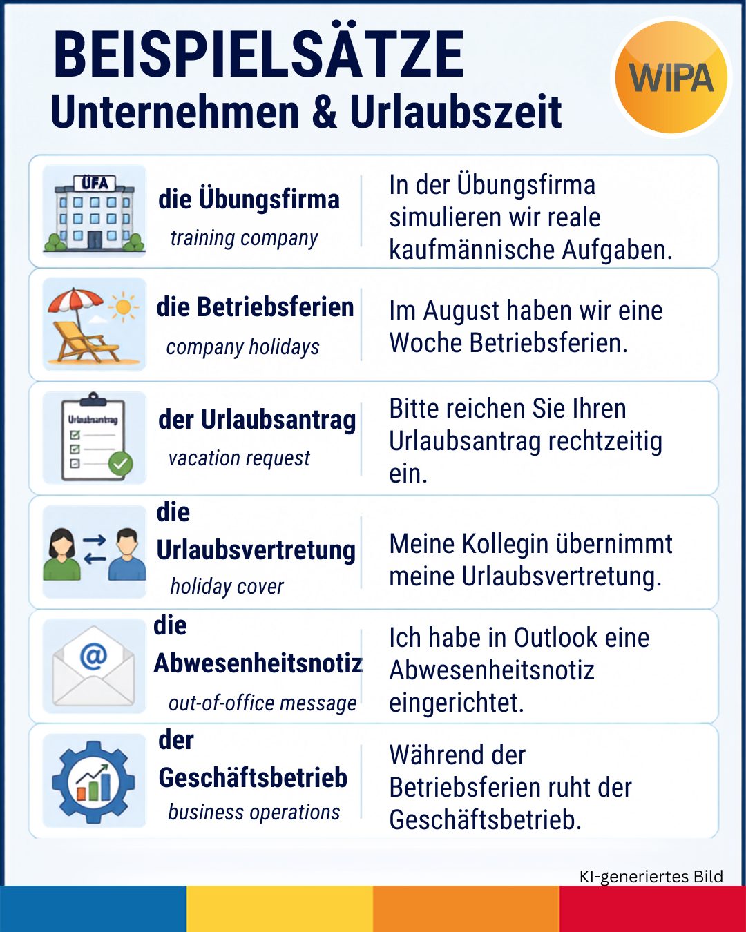 🏢 Unsere ÜFA macht Urlaub! ☀️
Die ÜFA – unsere Übungsfirma – ist ein fiktives, aber realitätsnahes kaufmännisches Unternehmen. Sie ist ein wichtiger Bestandteil unserer Modularen kaufmännischen Weiterbildung mit digitalen Kompetenzen für den modernen Büroalltag (MKW+).
In der ÜFA kannst du theoretisches Wissen direkt in die Praxis umsetzen: Du bearbeitest typische kaufmännische Aufgaben, schreibst Geschäftsbriefe und E-Mails, erstellst Angebote und Rechnungen und lernst verschiedene Abläufe in einem Unternehmen kennen. Dabei wirst du von unseren erfahrenen Lehrkräften unterstützt.
Doch wie jedes Unternehmen braucht auch unsere ÜFA einmal eine Pause. 😉
🌴 Nächste Woche haben wir Betriebsferien.
📅 Ab dem 10. August sind wir wieder für dich da!
Kontakte:
📧amdl@wipa-berlin.de
☎ 030 557414 24
📍Möllendroffstraße 48
10367 Berlin
2. Etage, Raum 201
Passend dazu lernst du heute einige wichtige Vokabeln und Redewendungen rund um die Themen Unternehmen, Büro und Urlaubszeit.
Welche Redewendung kanntest du schon? Schreib es uns in die Kommentare! 👇
#Übungsfirma #KaufmännischeWeiterbildung #DeutschImBeruf #BüroDeutsch #Bildungsgutschein