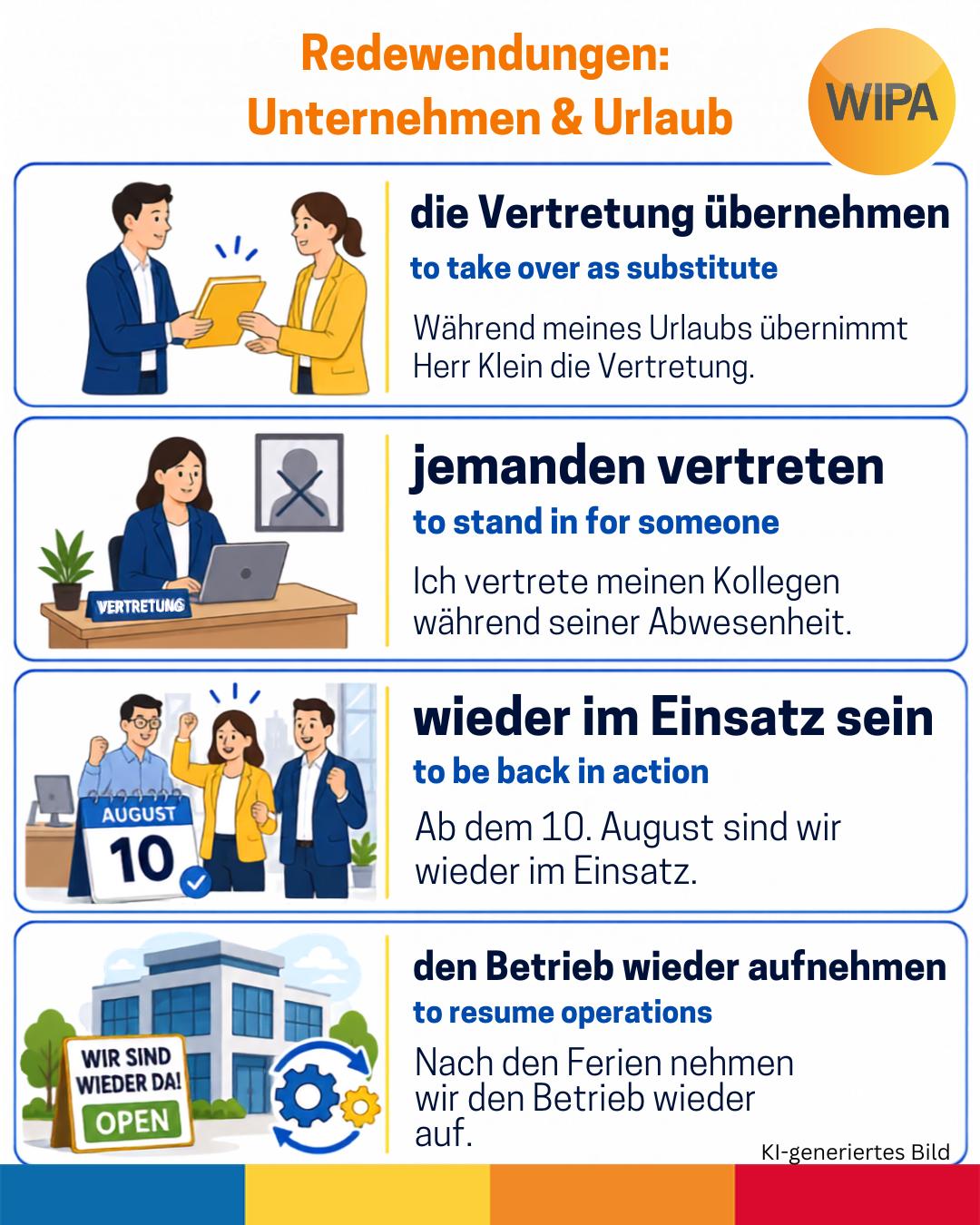 🏢 Unsere ÜFA macht Urlaub! ☀️
Die ÜFA – unsere Übungsfirma – ist ein fiktives, aber realitätsnahes kaufmännisches Unternehmen. Sie ist ein wichtiger Bestandteil unserer Modularen kaufmännischen Weiterbildung mit digitalen Kompetenzen für den modernen Büroalltag (MKW+).
In der ÜFA kannst du theoretisches Wissen direkt in die Praxis umsetzen: Du bearbeitest typische kaufmännische Aufgaben, schreibst Geschäftsbriefe und E-Mails, erstellst Angebote und Rechnungen und lernst verschiedene Abläufe in einem Unternehmen kennen. Dabei wirst du von unseren erfahrenen Lehrkräften unterstützt.
Doch wie jedes Unternehmen braucht auch unsere ÜFA einmal eine Pause. 😉
🌴 Nächste Woche haben wir Betriebsferien.
📅 Ab dem 10. August sind wir wieder für dich da!
Kontakte:
📧amdl@wipa-berlin.de
☎ 030 557414 24
📍Möllendroffstraße 48
10367 Berlin
2. Etage, Raum 201
Passend dazu lernst du heute einige wichtige Vokabeln und Redewendungen rund um die Themen Unternehmen, Büro und Urlaubszeit.
Welche Redewendung kanntest du schon? Schreib es uns in die Kommentare! 👇
#Übungsfirma #KaufmännischeWeiterbildung #DeutschImBeruf #BüroDeutsch #Bildungsgutschein