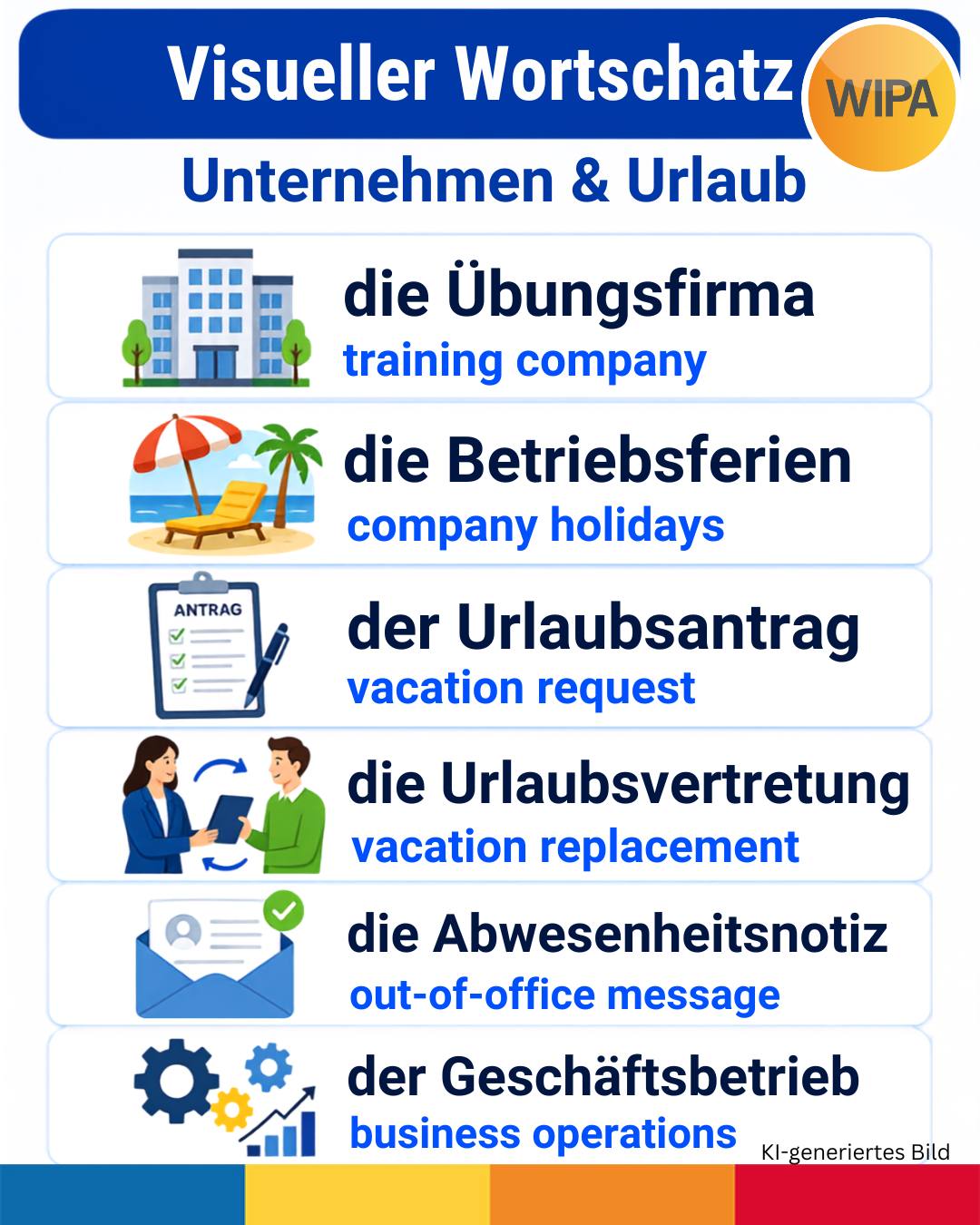 🏢 Unsere ÜFA macht Urlaub! ☀️
Die ÜFA – unsere Übungsfirma – ist ein fiktives, aber realitätsnahes kaufmännisches Unternehmen. Sie ist ein wichtiger Bestandteil unserer Modularen kaufmännischen Weiterbildung mit digitalen Kompetenzen für den modernen Büroalltag (MKW+).
In der ÜFA kannst du theoretisches Wissen direkt in die Praxis umsetzen: Du bearbeitest typische kaufmännische Aufgaben, schreibst Geschäftsbriefe und E-Mails, erstellst Angebote und Rechnungen und lernst verschiedene Abläufe in einem Unternehmen kennen. Dabei wirst du von unseren erfahrenen Lehrkräften unterstützt.
Doch wie jedes Unternehmen braucht auch unsere ÜFA einmal eine Pause. 😉
🌴 Nächste Woche haben wir Betriebsferien.
📅 Ab dem 10. August sind wir wieder für dich da!
Kontakte:
📧amdl@wipa-berlin.de
☎ 030 557414 24
📍Möllendroffstraße 48
10367 Berlin
2. Etage, Raum 201
Passend dazu lernst du heute einige wichtige Vokabeln und Redewendungen rund um die Themen Unternehmen, Büro und Urlaubszeit.
Welche Redewendung kanntest du schon? Schreib es uns in die Kommentare! 👇
#Übungsfirma #KaufmännischeWeiterbildung #DeutschImBeruf #BüroDeutsch #Bildungsgutschein