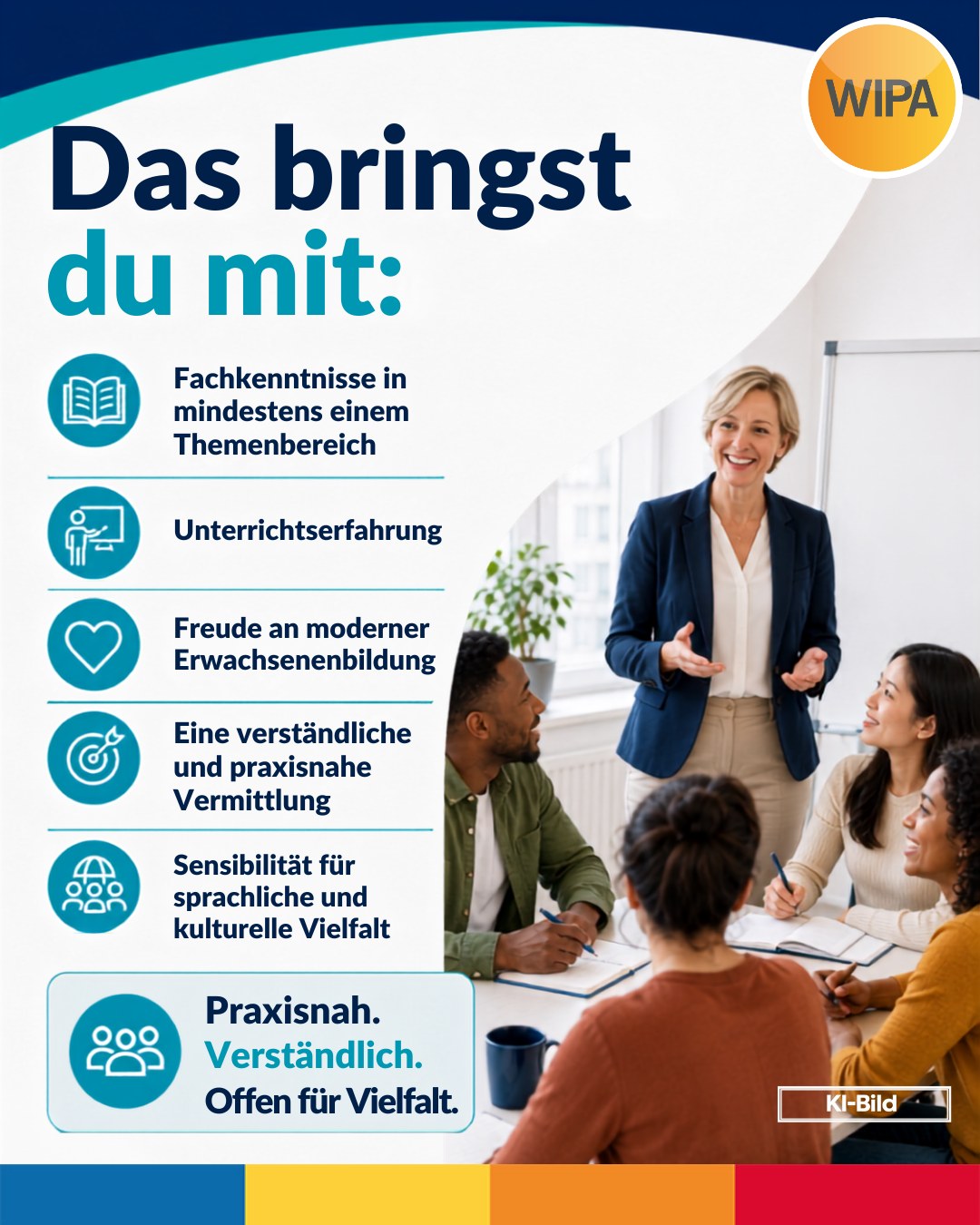 📚 Du vermittelst kaufmännisches Wissen verständlich, praxisnah und mit Begeisterung? Dann werde Teil unseres Teams!
Für unsere kaufmännischen Weiterbildungen in Berlin suchen wir engagierte Lehrkräfte, Dozent:innen, Trainer:innen, Berufsschullehrkräfte sowie Fachkräfte aus der Praxis, die ihr Fachwissen gern an erwachsene Teilnehmende weitergeben. Du kannst einzelne Unterrichtsfächer übernehmen oder mehrere kaufmännische Themenbereiche abdecken – flexibel und passend zu deinen beruflichen Schwerpunkten.
Gesucht werden Expert:innen unter anderem für kaufmännische Grundlagen, Wirtschafts- und Sozialkunde, Personalwesen, Finanzbuchhaltung, Rechnungswesen, Microsoft Office, DATEV und Lexware. Besonders wichtig sind uns eine verständliche Wissensvermittlung, ein moderner und anwendungsorientierter Unterricht sowie Freude an der Erwachsenenbildung, beruflichen Weiterbildung und Qualifizierung.
Unsere Kursteilnehmenden bringen unterschiedliche berufliche und kulturelle Erfahrungen mit und verfügen über Deutschkenntnisse auf GER-Niveau B2. Deshalb wünschen wir uns Lehrpersonen, die fachliche Kompetenz mit Geduld, Offenheit und Sensibilität für sprachliche und kulturelle Vielfalt verbinden.
Dich erwarten flexible Lehraufträge und Unterrichtseinsätze, motivierte Teilnehmende, ein kollegiales Arbeitsumfeld und die Möglichkeit, deine Kenntnisse aus Wirtschaft, Verwaltung, Buchhaltung oder kaufmännischer Praxis gezielt einzubringen.
📩 Interesse an einer Tätigkeit als Dozent:in oder Lehrkraft für kaufmännische Weiterbildung? Sende uns eine kurze Nachricht mit deinem Lebenslauf, deinen möglichen Fachbereichen und deiner zeitlichen Verfügbarkeit an:
bewerbung@wipa-berlin.de
amdl@wipa-berlin.de
Wir freuen uns darauf, dich kennenzulernen!
#LehrkraftGesucht #DozentenJobs #Erwachsenenbildung #KaufmännischeWeiterbildung #WeiterbildungBerlin #Finanzbuchhaltung #DATEV #Lexware #MicrosoftOffice #JobsInBerlin