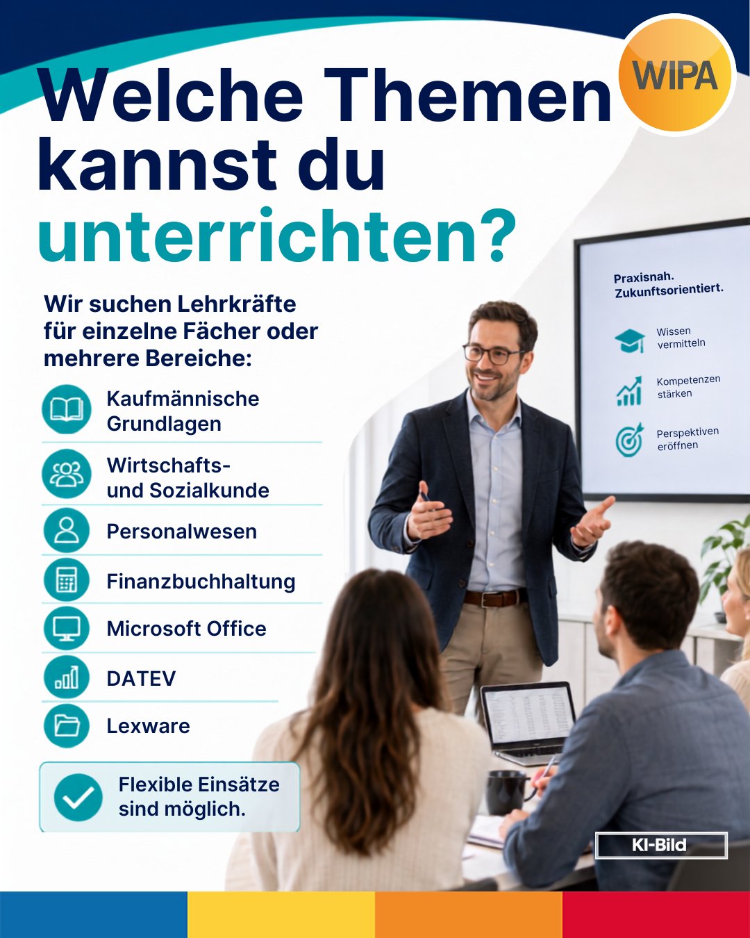 📚 Du vermittelst kaufmännisches Wissen verständlich, praxisnah und mit Begeisterung? Dann werde Teil unseres Teams!
Für unsere kaufmännischen Weiterbildungen in Berlin suchen wir engagierte Lehrkräfte, Dozent:innen, Trainer:innen, Berufsschullehrkräfte sowie Fachkräfte aus der Praxis, die ihr Fachwissen gern an erwachsene Teilnehmende weitergeben. Du kannst einzelne Unterrichtsfächer übernehmen oder mehrere kaufmännische Themenbereiche abdecken – flexibel und passend zu deinen beruflichen Schwerpunkten.
Gesucht werden Expert:innen unter anderem für kaufmännische Grundlagen, Wirtschafts- und Sozialkunde, Personalwesen, Finanzbuchhaltung, Rechnungswesen, Microsoft Office, DATEV und Lexware. Besonders wichtig sind uns eine verständliche Wissensvermittlung, ein moderner und anwendungsorientierter Unterricht sowie Freude an der Erwachsenenbildung, beruflichen Weiterbildung und Qualifizierung.
Unsere Kursteilnehmenden bringen unterschiedliche berufliche und kulturelle Erfahrungen mit und verfügen über Deutschkenntnisse auf GER-Niveau B2. Deshalb wünschen wir uns Lehrpersonen, die fachliche Kompetenz mit Geduld, Offenheit und Sensibilität für sprachliche und kulturelle Vielfalt verbinden.
Dich erwarten flexible Lehraufträge und Unterrichtseinsätze, motivierte Teilnehmende, ein kollegiales Arbeitsumfeld und die Möglichkeit, deine Kenntnisse aus Wirtschaft, Verwaltung, Buchhaltung oder kaufmännischer Praxis gezielt einzubringen.
📩 Interesse an einer Tätigkeit als Dozent:in oder Lehrkraft für kaufmännische Weiterbildung? Sende uns eine kurze Nachricht mit deinem Lebenslauf, deinen möglichen Fachbereichen und deiner zeitlichen Verfügbarkeit an:
bewerbung@wipa-berlin.de
amdl@wipa-berlin.de
Wir freuen uns darauf, dich kennenzulernen!
#LehrkraftGesucht #DozentenJobs #Erwachsenenbildung #KaufmännischeWeiterbildung #WeiterbildungBerlin #Finanzbuchhaltung #DATEV #Lexware #MicrosoftOffice #JobsInBerlin
